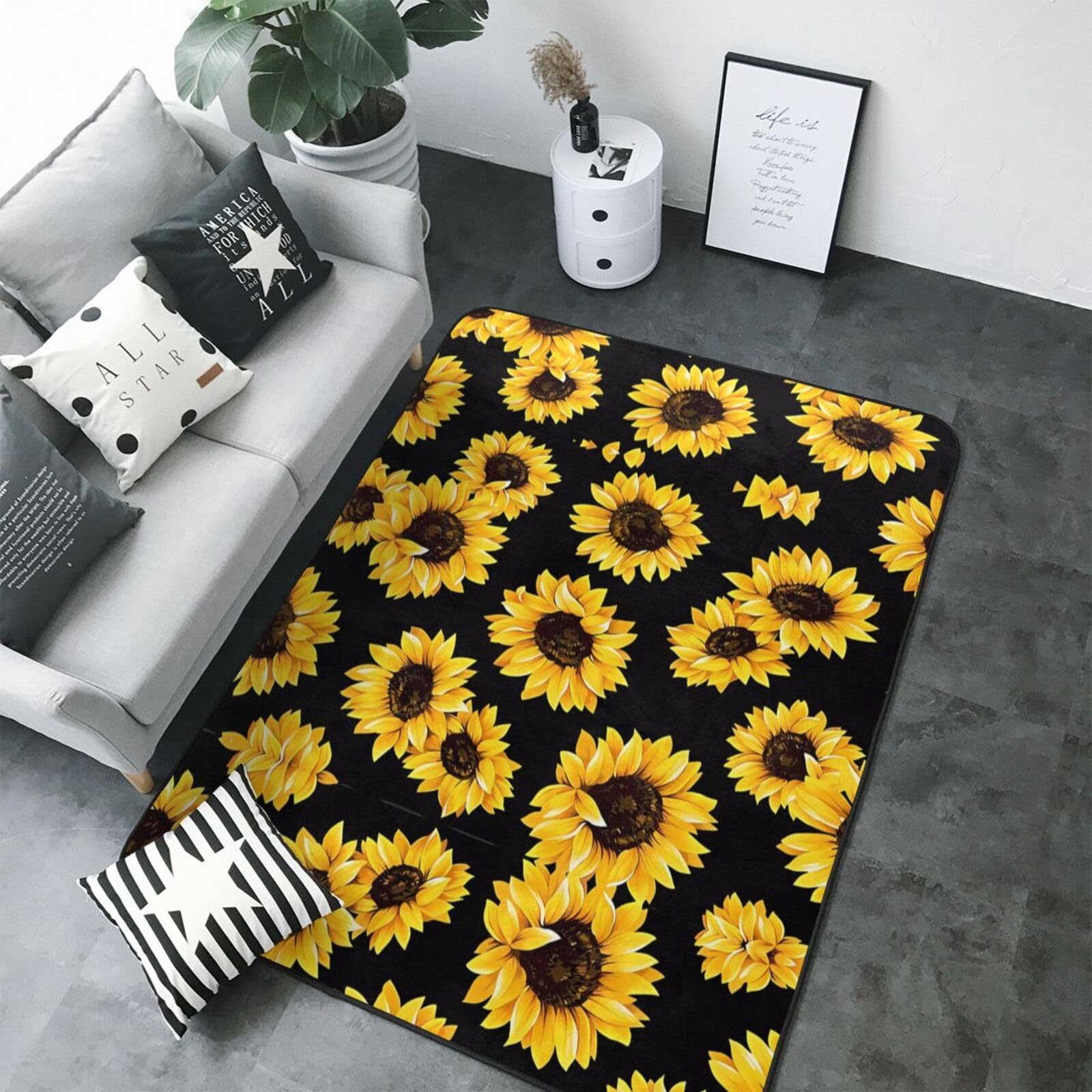 Tapis antidérapant en fausse fourrure avec imprimé tournesol 203,2 x 147,3 cm – Couvre-lit confortable pour salon, chambre, bureau et plus encore