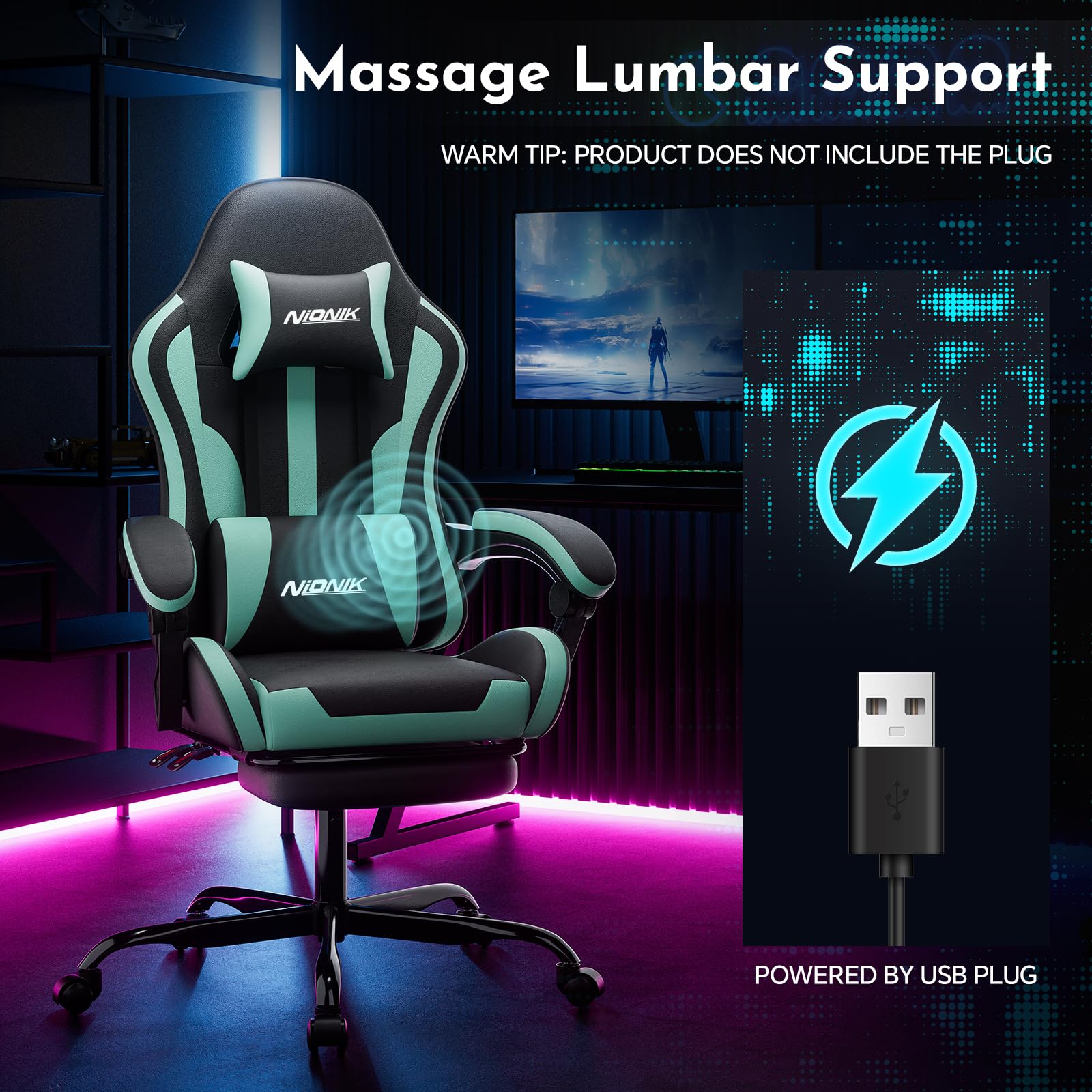 Bürostuhl Gaming Stuhl, Gamer Stuhls Computerstuhl mit Fußstütze, Gepolstert Gaming Chair,Gaming Sessel für Erwachsene, Drehsessel Schwarzes Minzgrün