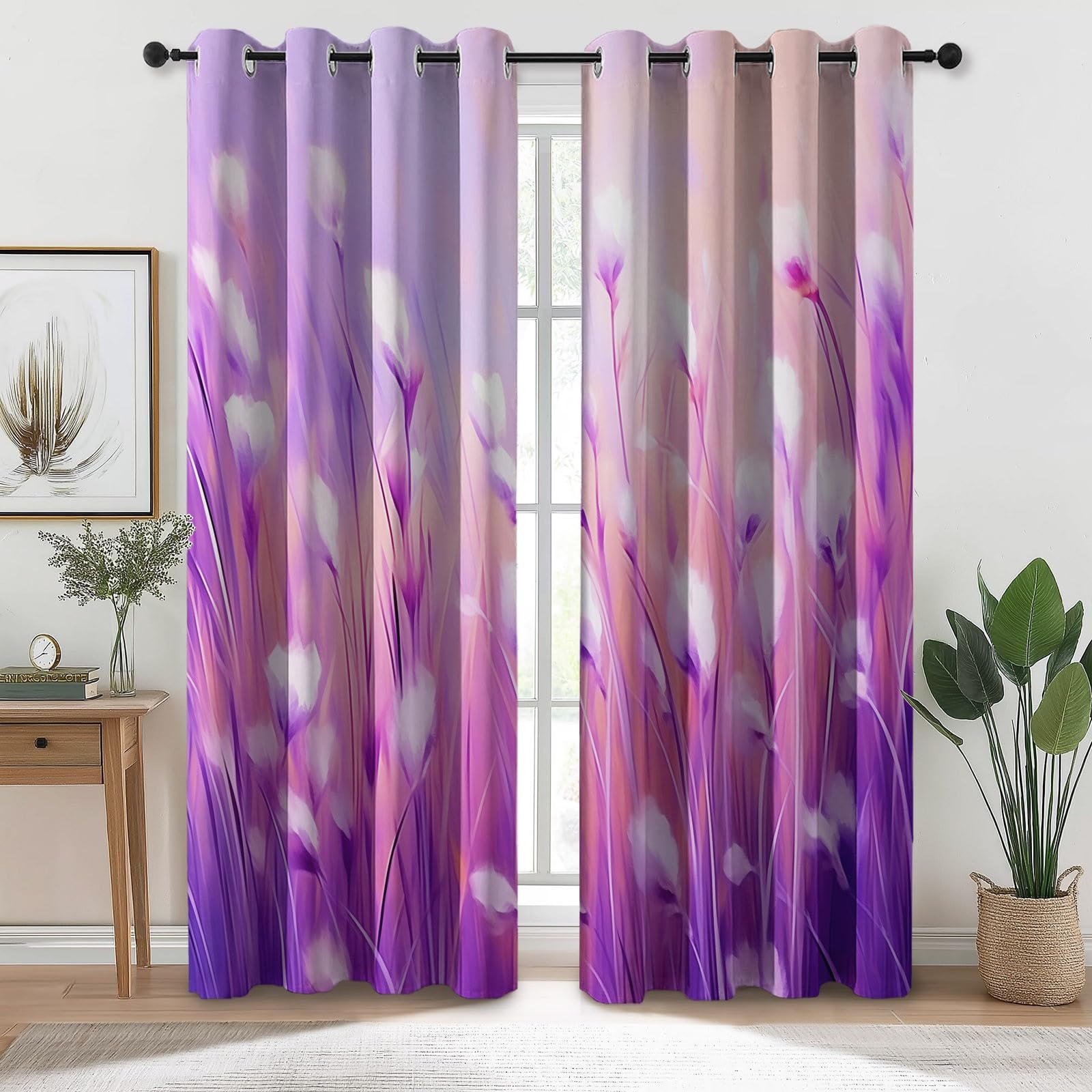 Lavande Rideau Occultant Botanique - Anti Froid & Thermique Durable Rideaux à Oeillets Motif Rêveur Floral, Intérieurs Rideaux pour Chambre Salon Chambre d'enfant 70L X 240H cm (2 Panneaux)