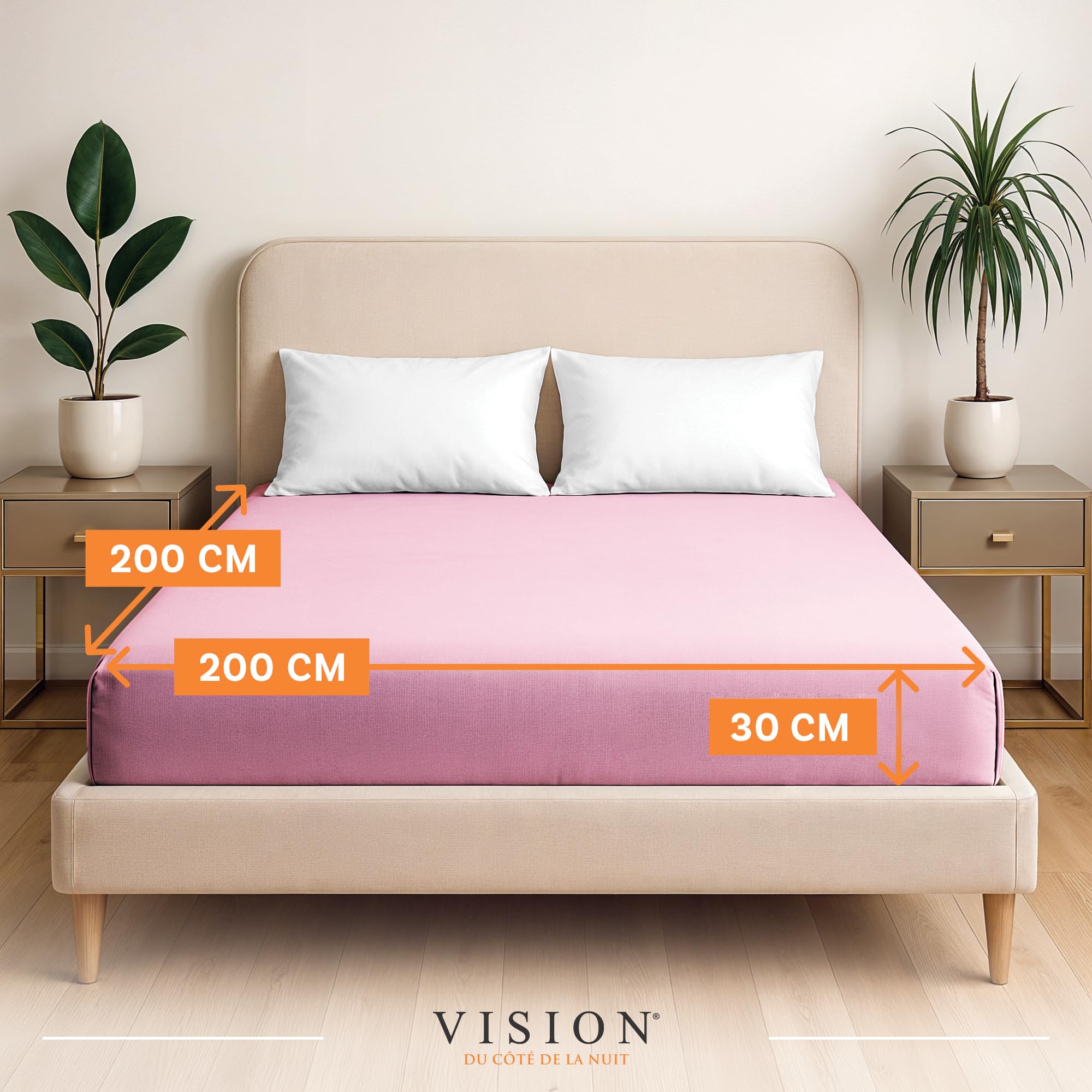 VISION Lenzuolo con angoli - 100% cotone - Letto matrimoniale (200 x 200 cm) - Angoli elasticizzati - Adatto a materassi fino a 30 cm - Certificato Oeko-Tex - Lavabile in lavatrice - Colore: rosa