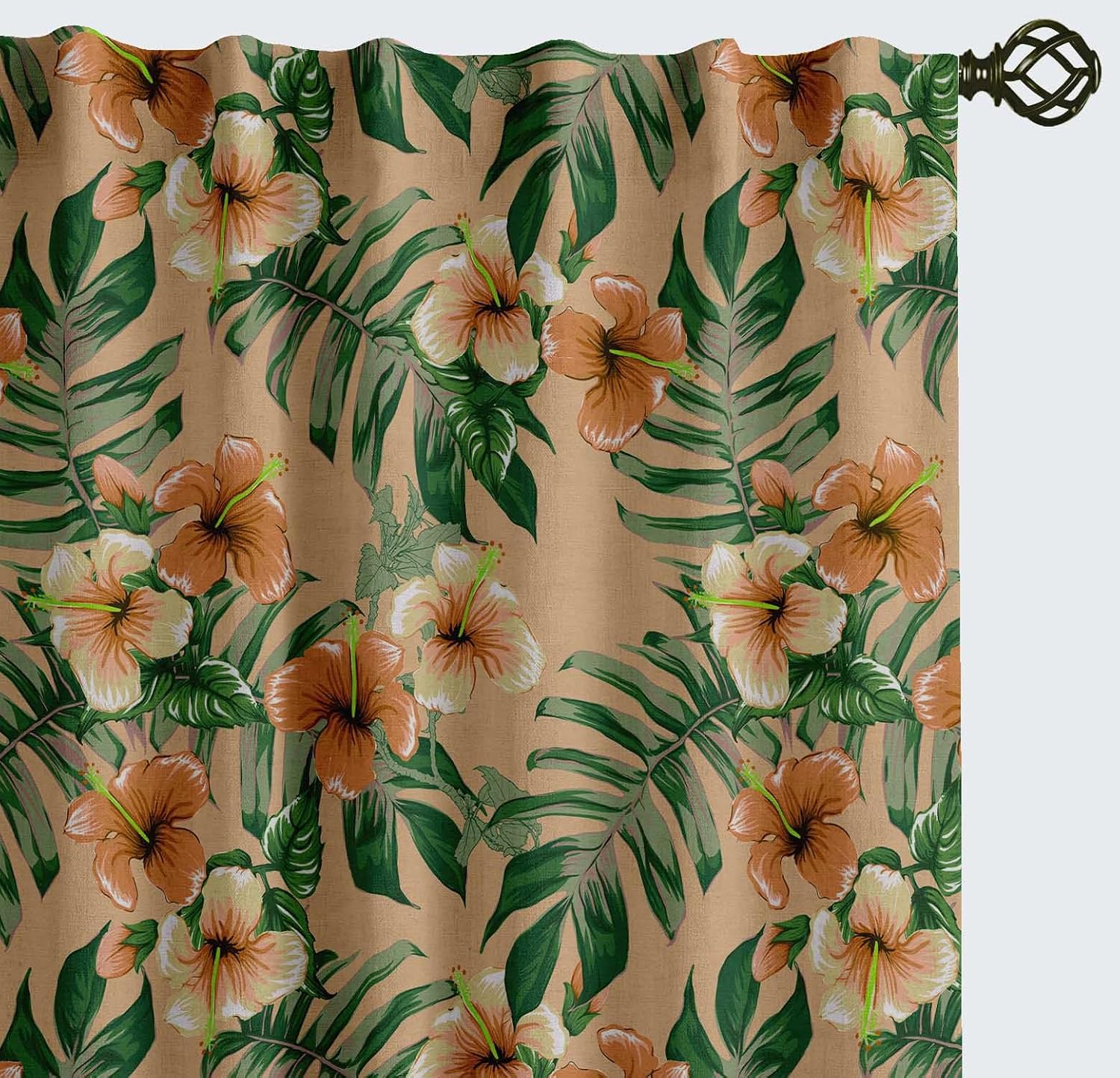 Cotton Curtains for Windows - 3-in-1 Rod Pocket/Back Tab Short Window Drapes - Light Filtering Cotton Canvas Panels - Set of 2, 52"x63" - Floral Print (Orange)