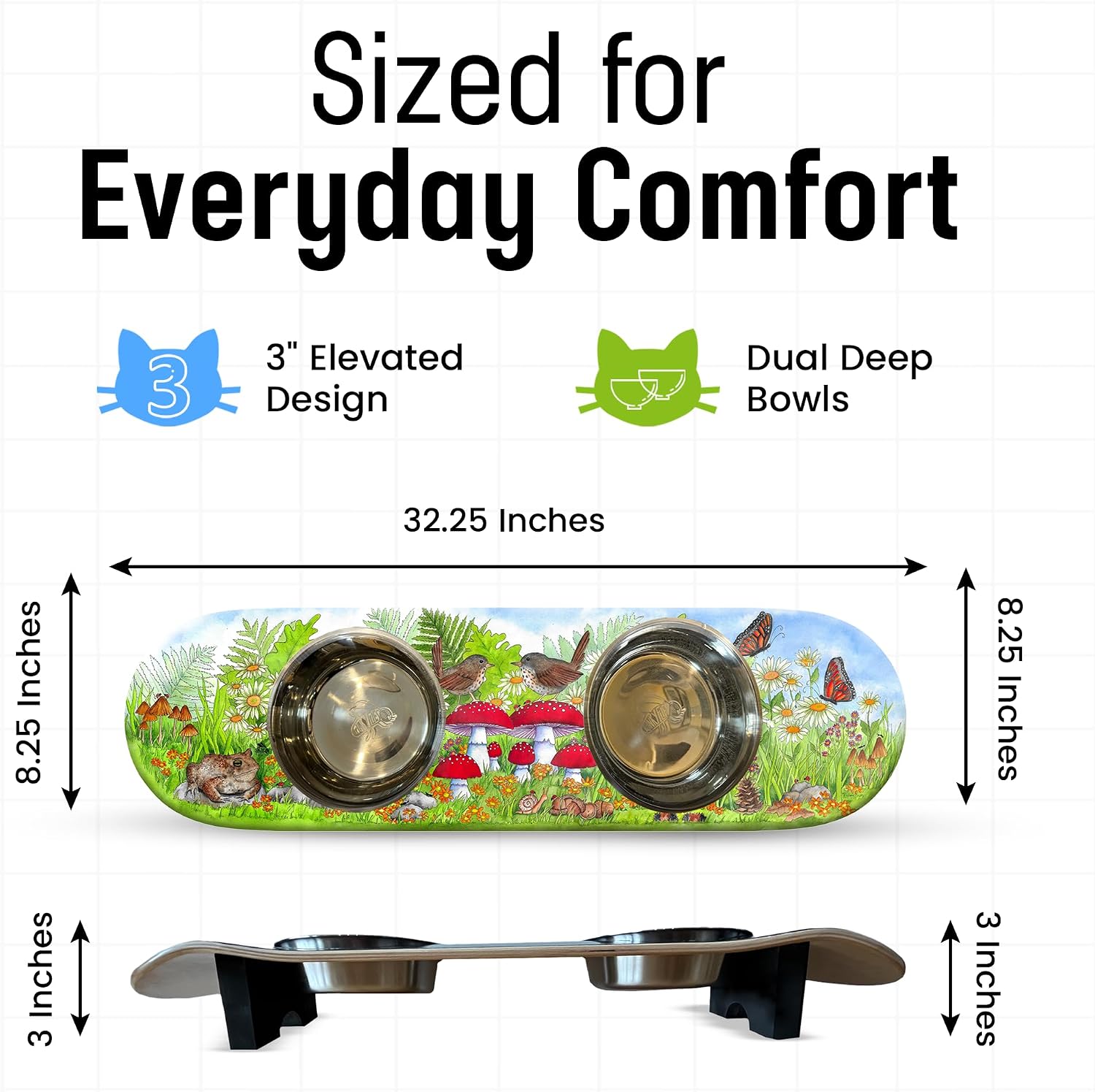 Funky Flies Funky Fungi Cat Skatebowl - Elevated Bowl, Elevated Water Bowl, Skateboard Cat Food & Water Stand