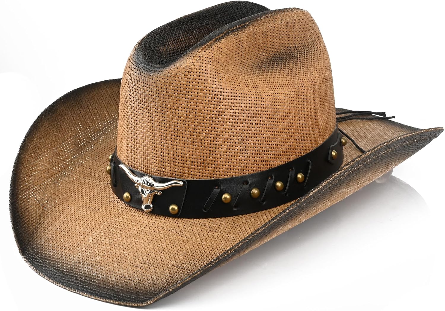 Retro Cowgirl Hats Western Straw hat,Mens Womens Cowboy Hat with Metal Texture,Bull Head Badge Hats