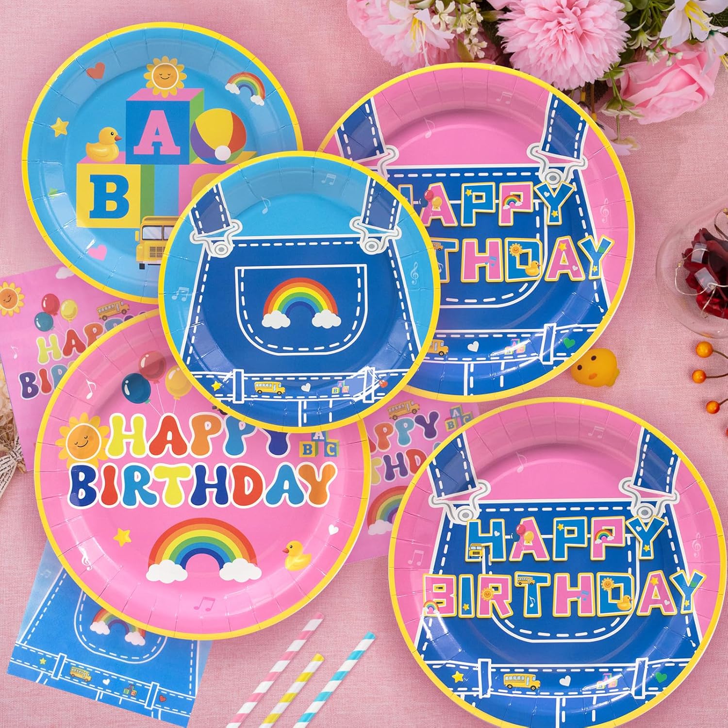 192 Pcs Cartoon Teacher Party Decorations Tableware Set,English Teacher Birthday Party Supplies Includes Banner,Tablecloths,Cake Topper, Balloons, Plates and Napkins,Service 24 Guests