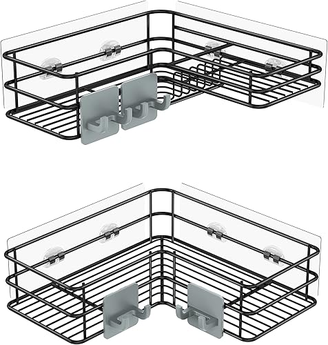 Nieifi Paquete de 2 cestas de ducha adhesivas de esquina con ganchos con soporte de jabón integrado, estante de ducha resistente al óxido para