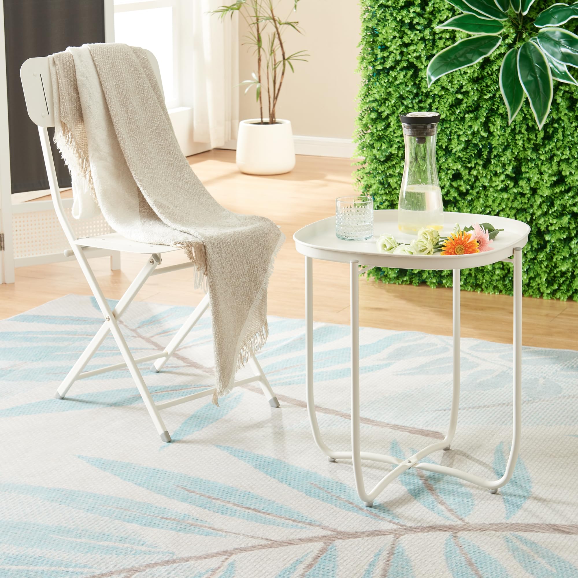 [en.casa] Mesita de Jardín Sandefjord Mesa de Café de Patio con Bandeja Extraíble Estilo Moderno Mueble de Jardín Terraza Balcón Acero 53 x 46 x 46 cm - Blanco