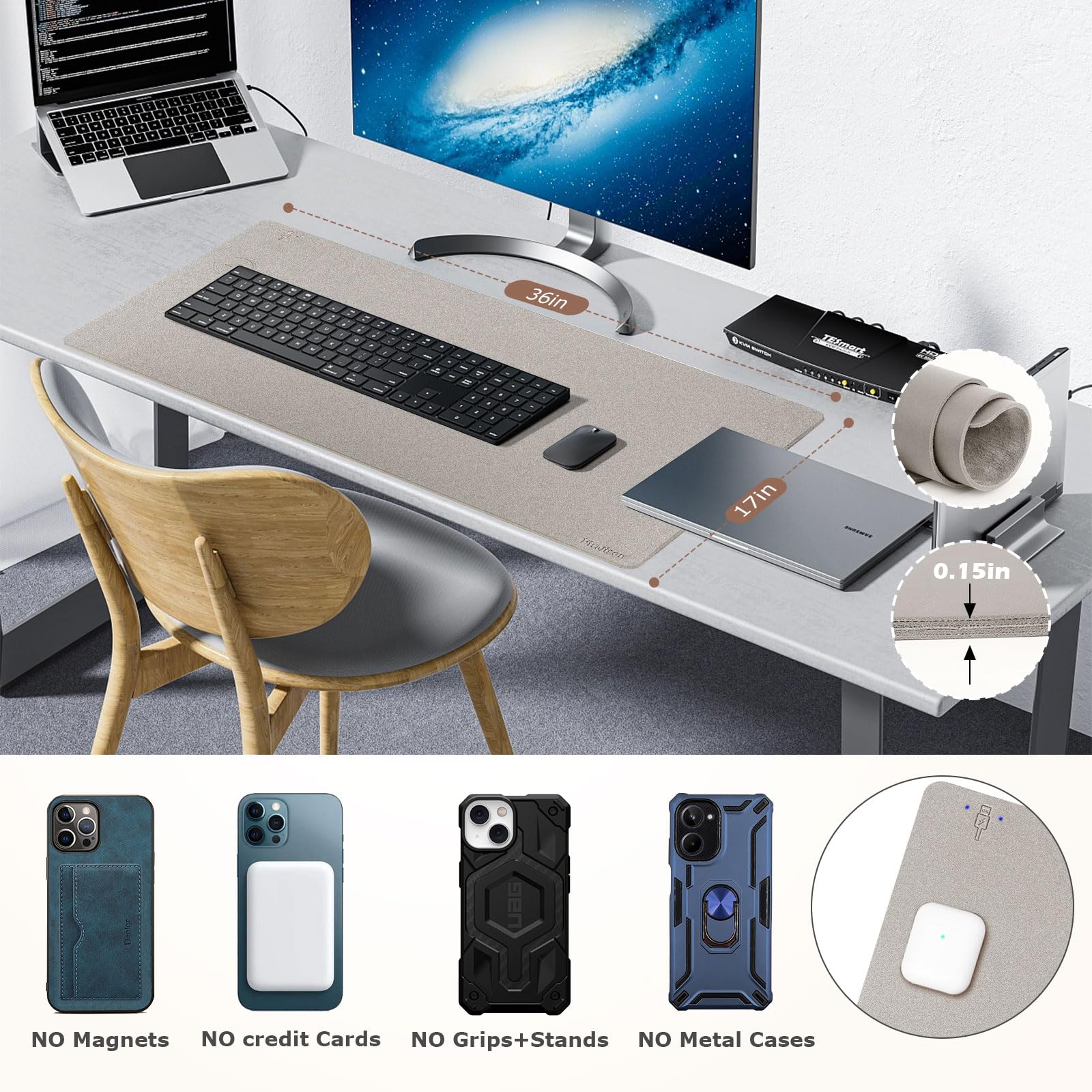 Tappetino per mouse 2 in 1 con ricarica wireless, multifunzione, in pelle, con base in gomma antiscivolo, tappetino da scrivania impermeabile per computer, ufficio, lavoro, casa, decorazione