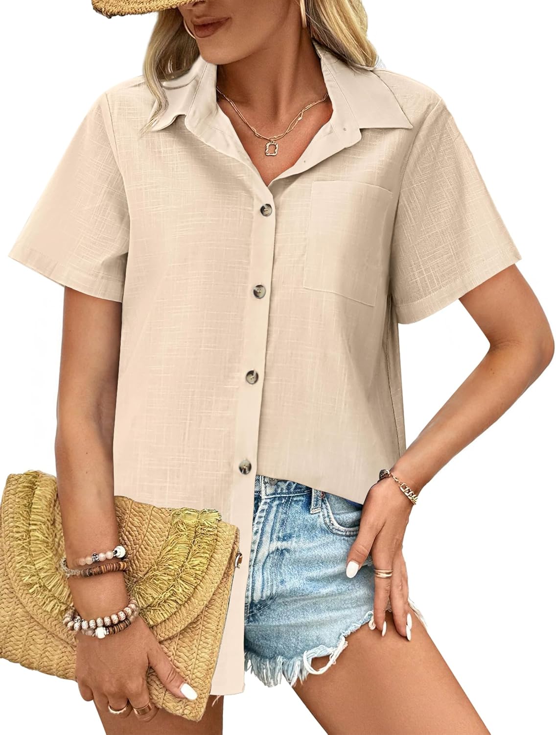 HOTOUCH Cotton Linen Button Down Shirt for Women V Neck Collared Blouse Casual Short Sleeve Tops with Pocket - Image 2