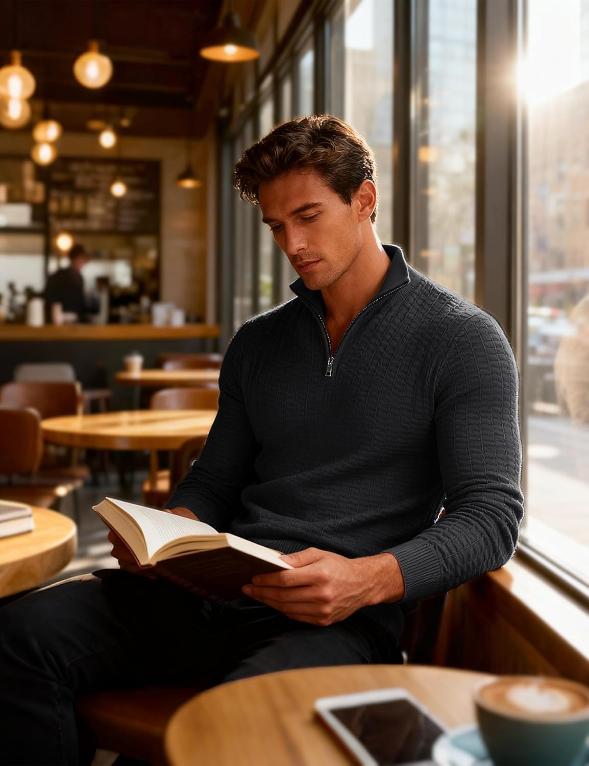 MAGCOMSEN Men's Sweaters 1/4 Zip Knit Waffle Textured Pullover for Fall Winter Warm Soft Sweater - Image 4