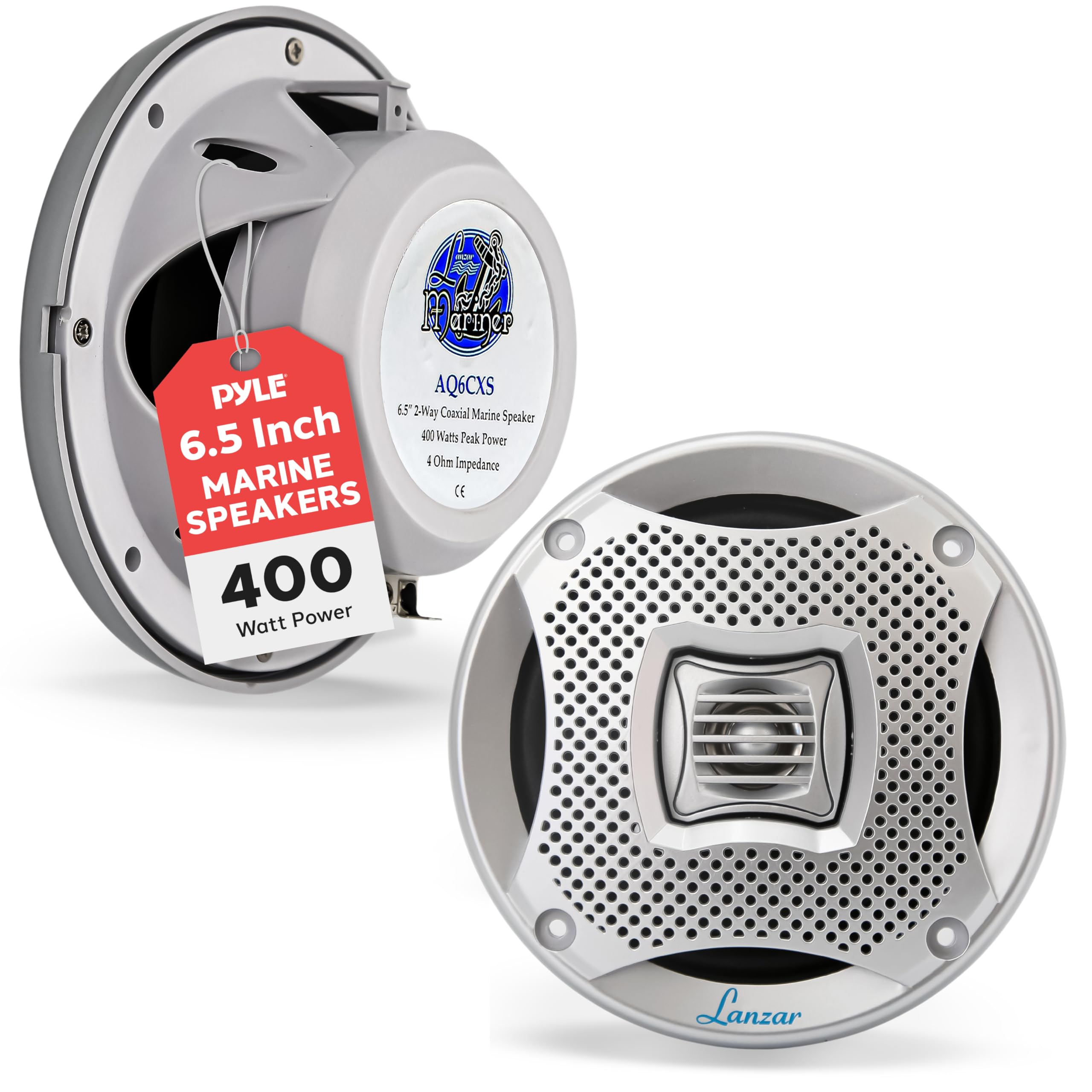 Lanzar 6.5 Inch Marine Speakers - 2-Way 400W Water-Resistant Stereo Sound System, UV-Coated Resin Treatment, Grilles for Indoor and Outdoor Use, Ideal for Boats, Pool, or Marine Craft (Set of 2)