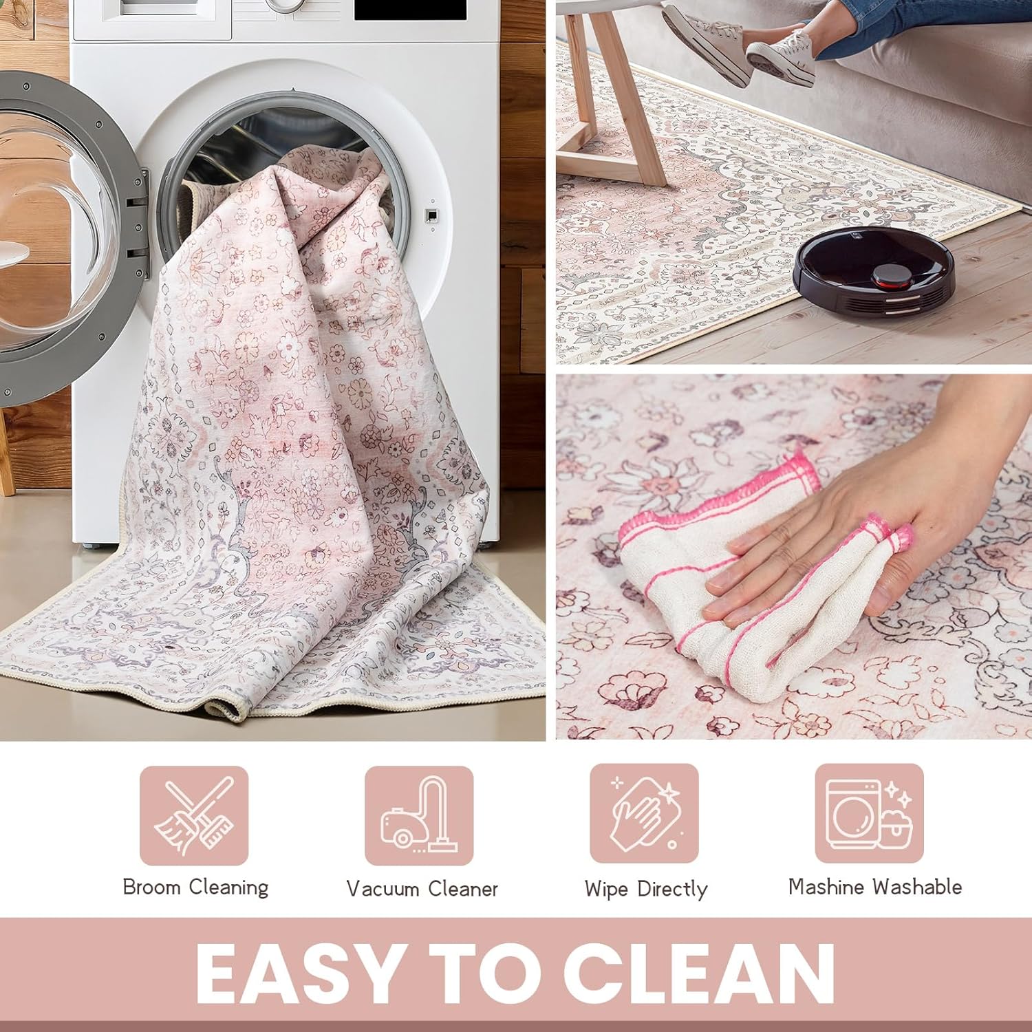 Washable Runner Rug 2x6 for Hallway Kitchen Bedroom, Non Slip Vintage Boho Area Rug, Pink Floral Rug Runner for Entryway Bathroom, Low Pile Ultra Thin Soft Carpet for Laundry Living Room