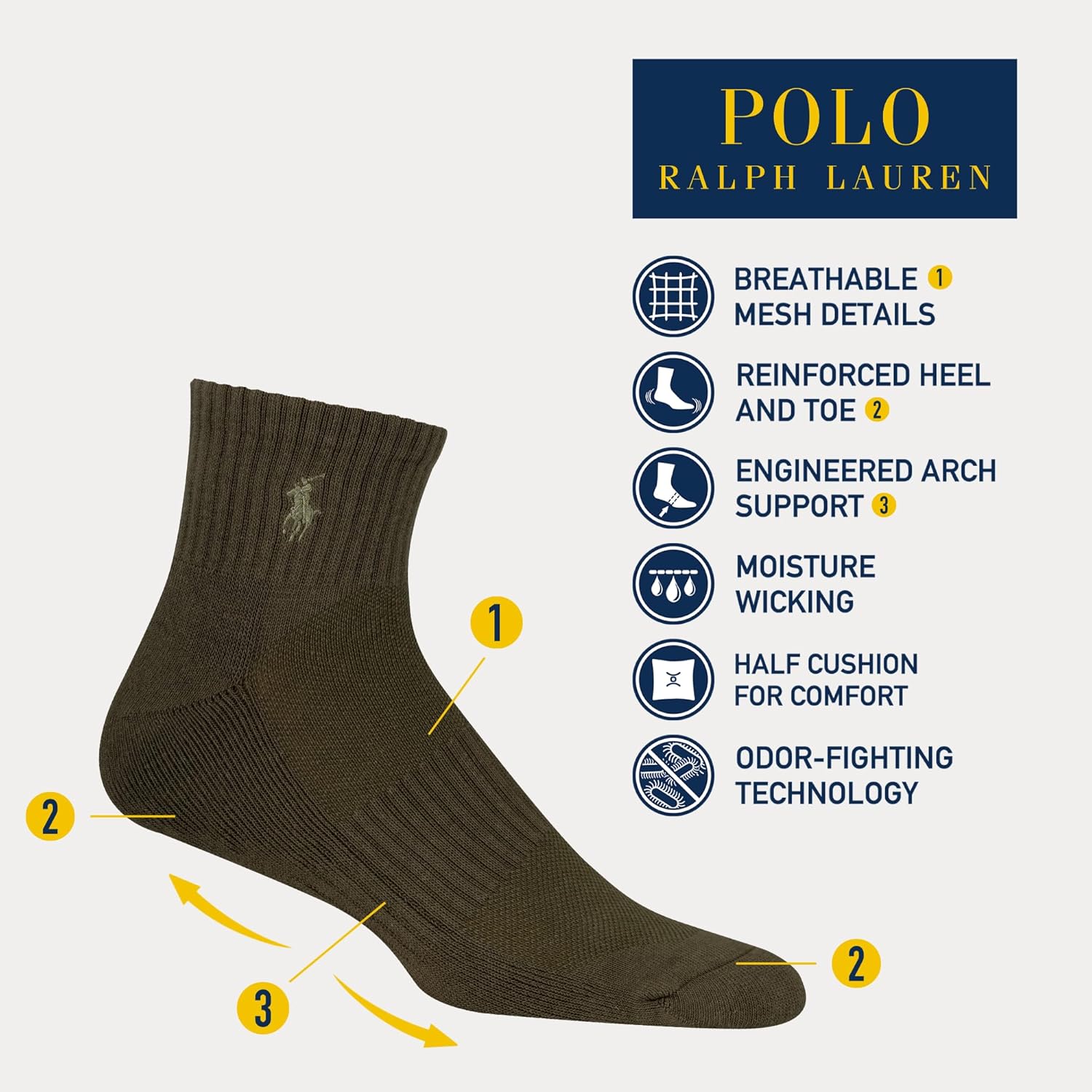 POLO RALPH LAUREN Men's Performance Cotton Quarter Socks