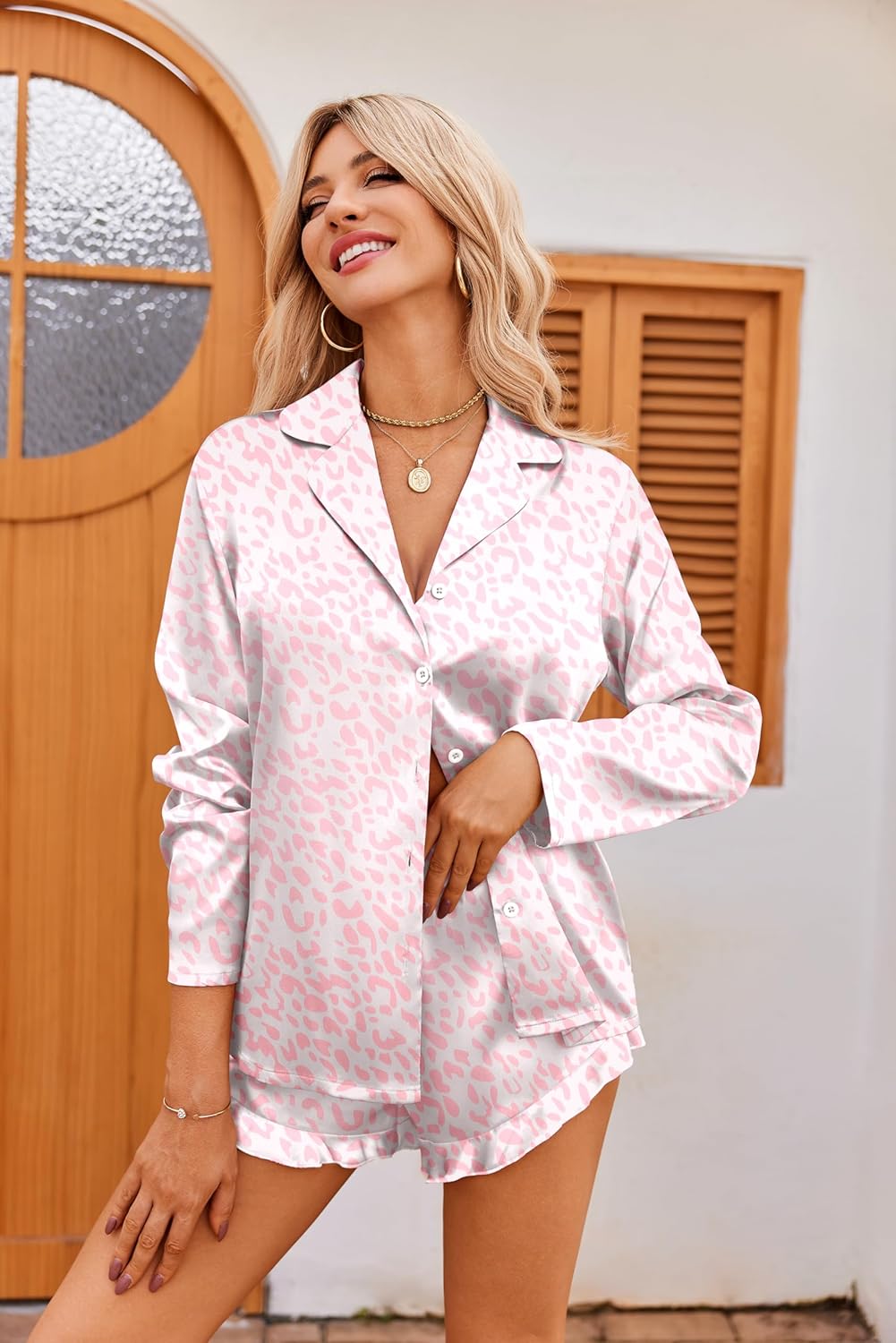 Ekouaer Womens Satin Pajama Sets Long Sleeve Top and Shorts Lounge Set Button Down Sleepwear - Image 2