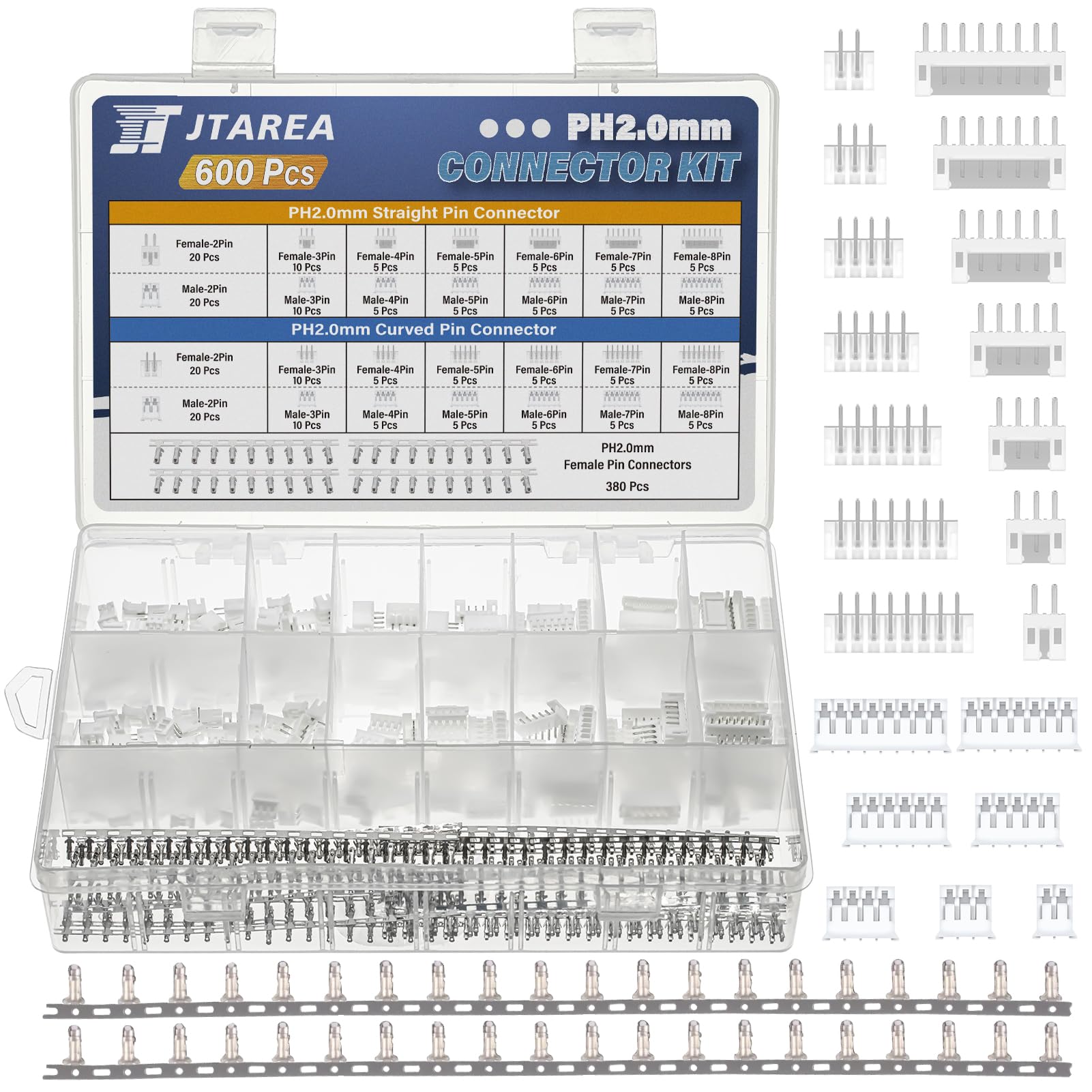 29Values 600PCS JST PH 2.0 MM Connector Kit 2.0MM 2 3 4 5 6 7 8 Pin Female Male Housing Jst-ph Female Pin Connectors