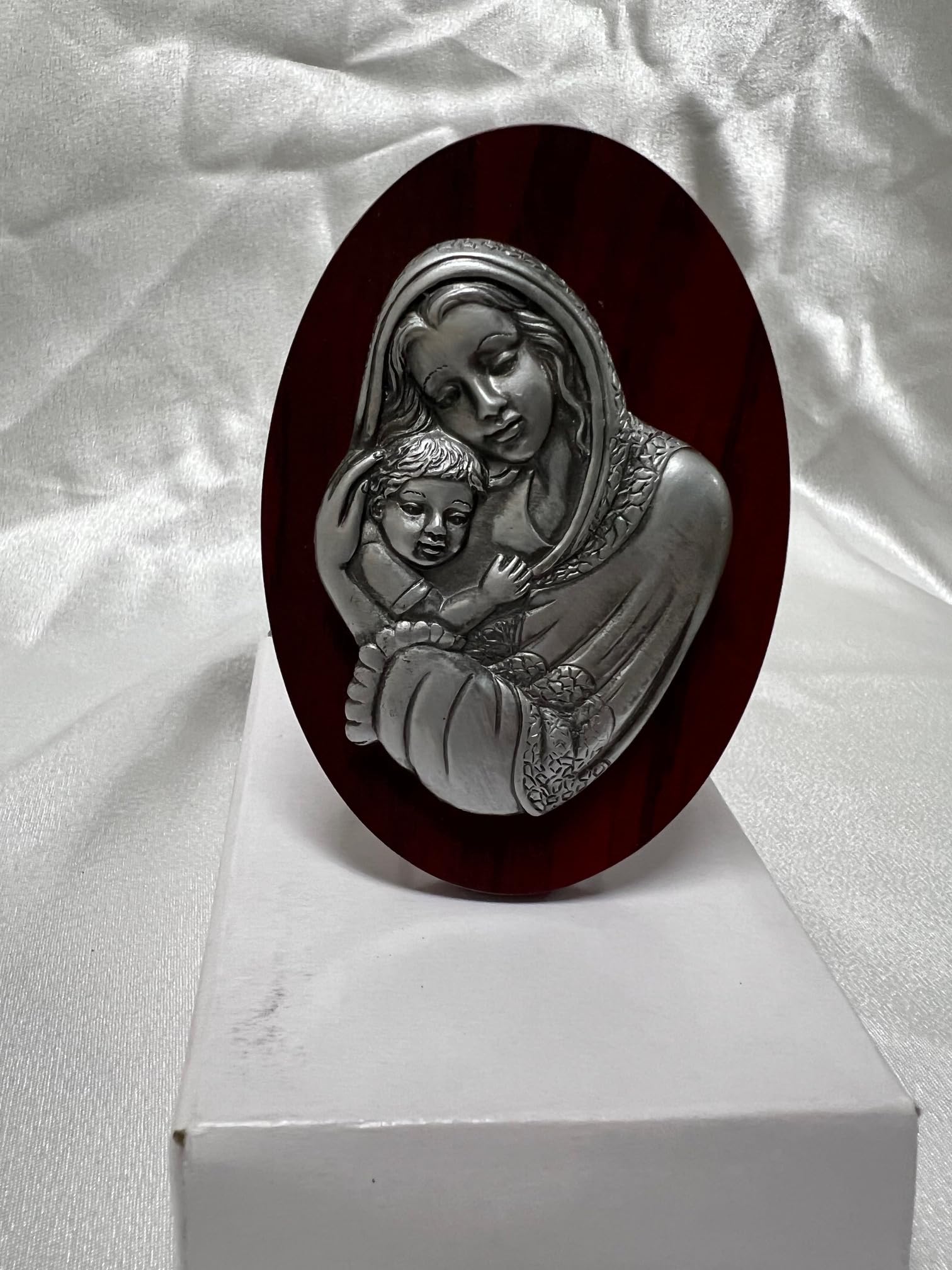 Silver Madonna and Child Religious Icon Raised Silver on Wood Baptism, Christwening and Communion Favors, Gifts