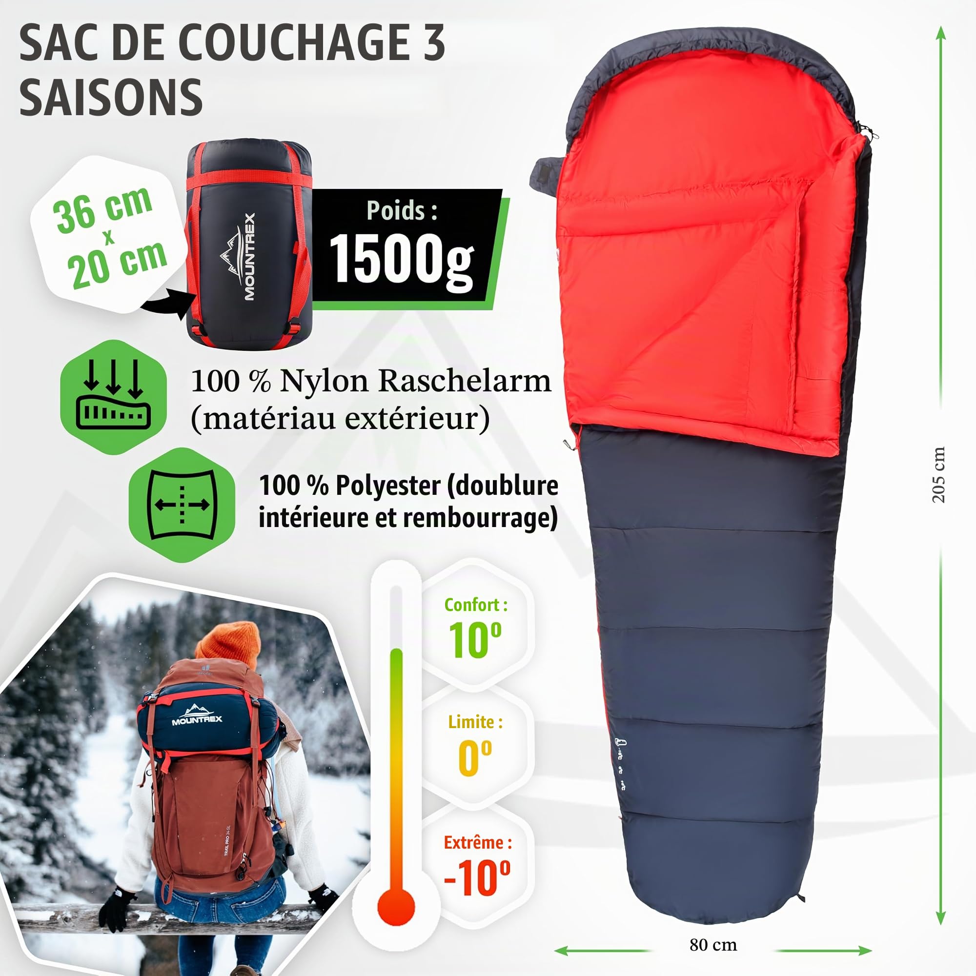 MOUNTREX® Sac de couchage, petit encombrement et ultra léger (760 g/1500 g) – Sac de couchage d'été pour l'extérieur (100 g/m²)/3 à 4 saisons (300 g/m²), sac de couchage sarcophage – Camping, voyage,