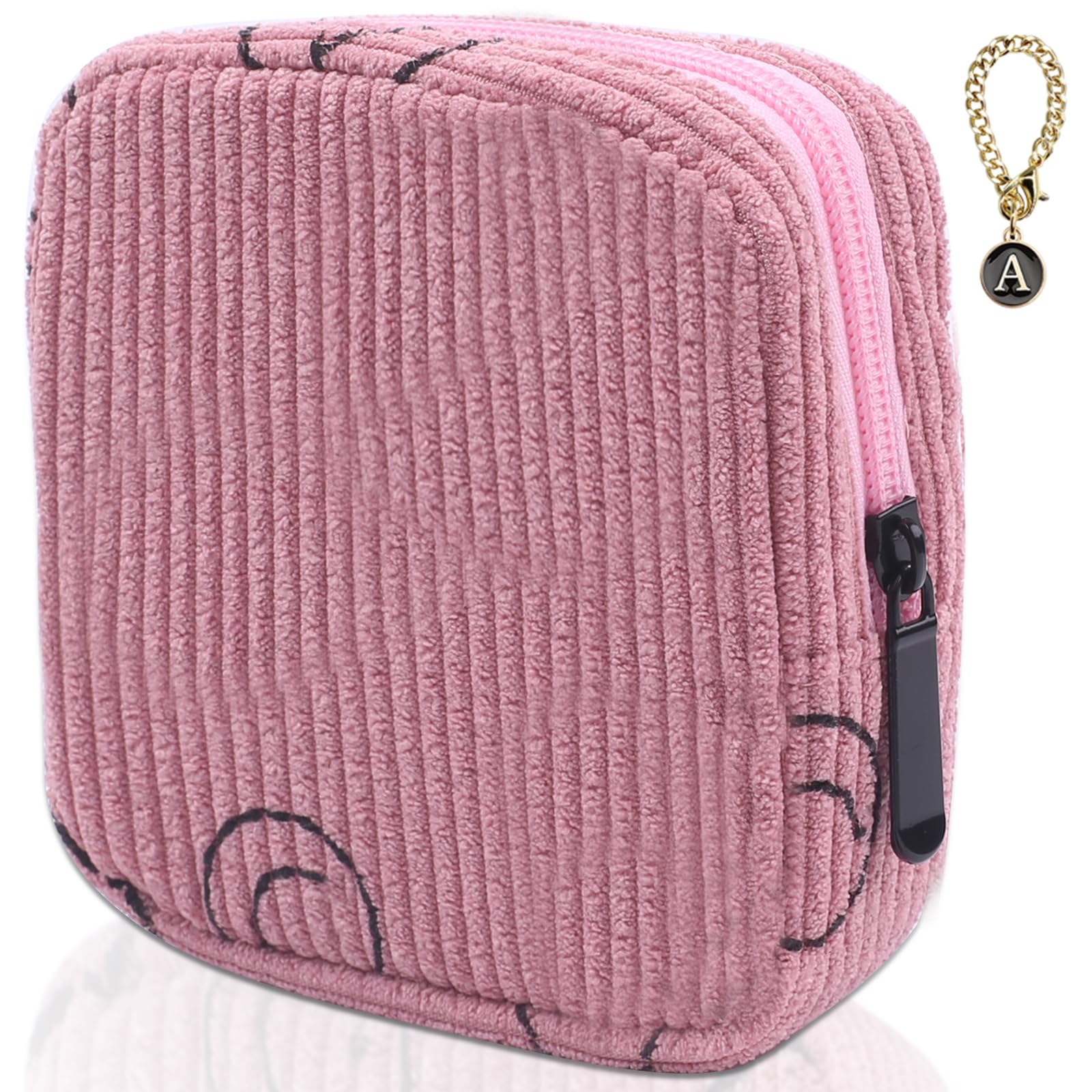 Teircno Sanitary Napkin Storage Bag, Corduroy Period Bag for Women, Cute Portable Period Pouch with Zipper, Sanitary Pads Bag Tampons Holder for Purse