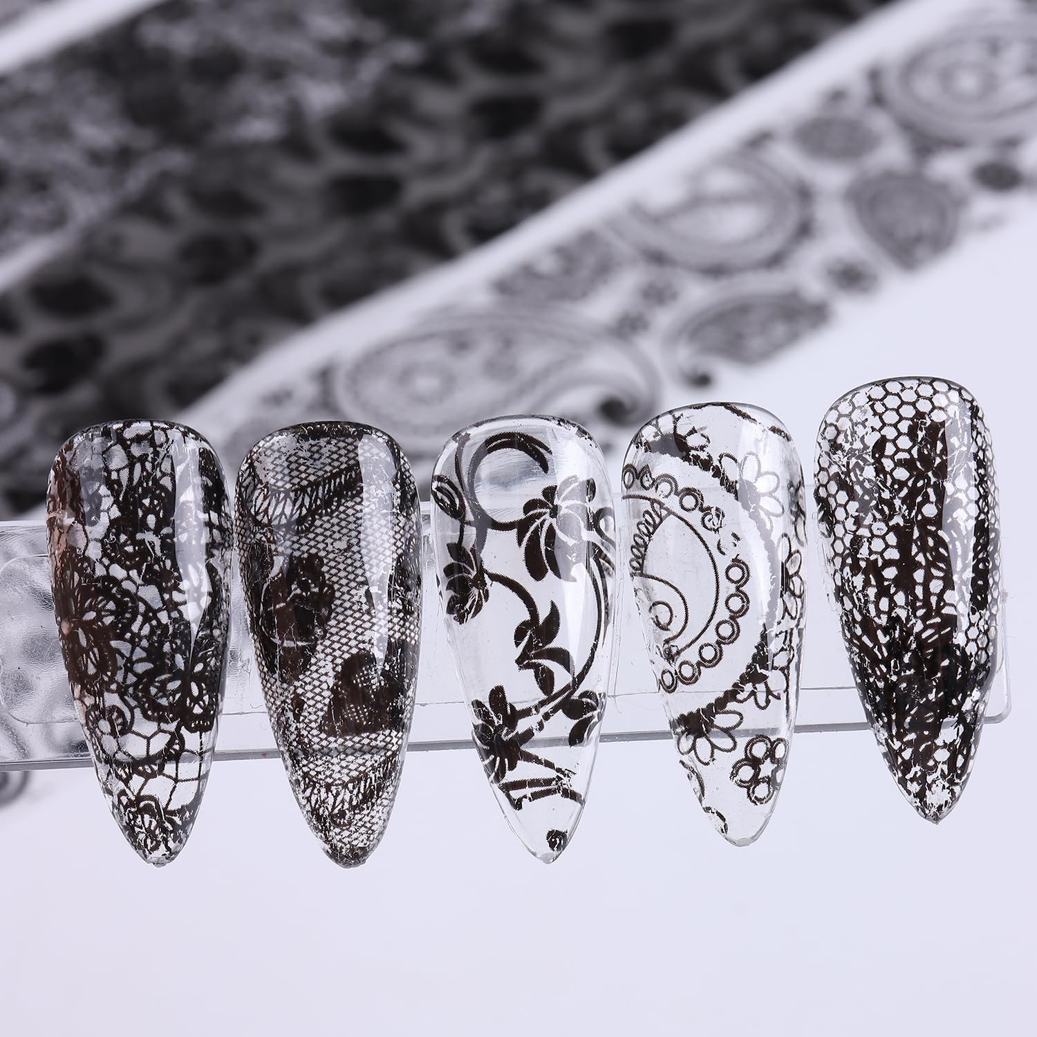 10 Rolls Lace Nail Foil White and Black Nail Transfer Foil Lace Flowers Designs Holographic Foils Nails Art Sticker Decals for DIY Acrylic Nails Manicure Wraps Decoration Supplies