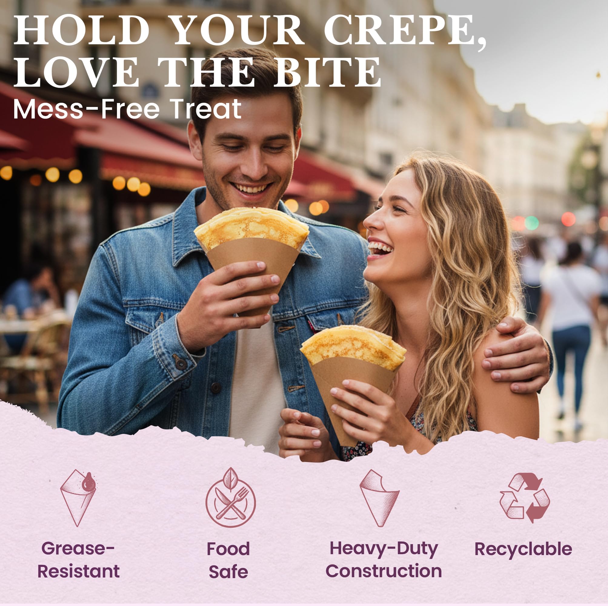 Friteshop - Paquete de 100 soportes para crepes franceses regulares, perforados, desechables, resistentes a la grasa, duraderos para aperitivos, catering y fiestas, 7 x 7 pulgadas