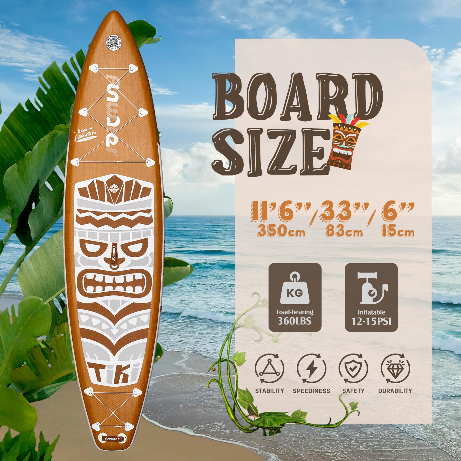 FunWater Tavola da paddle gonfiabile retrò Tiki 3 anni di garanzia Stand up Paddle Board extra lunga e larga 11'6'' x 33'' con pompa、Deck Bag、Double Ended Paddle 、Seat、SUP tracolla