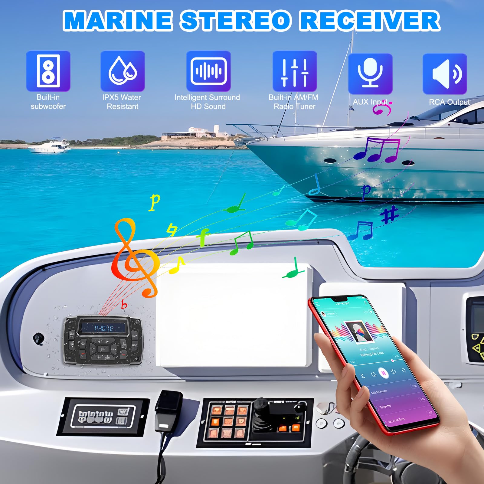 Receptor estéreo marino con radio digital para barcos, pantalla LCD HD, radio AM/FM, reproductor de MP3 para barcos, ATV, UTV