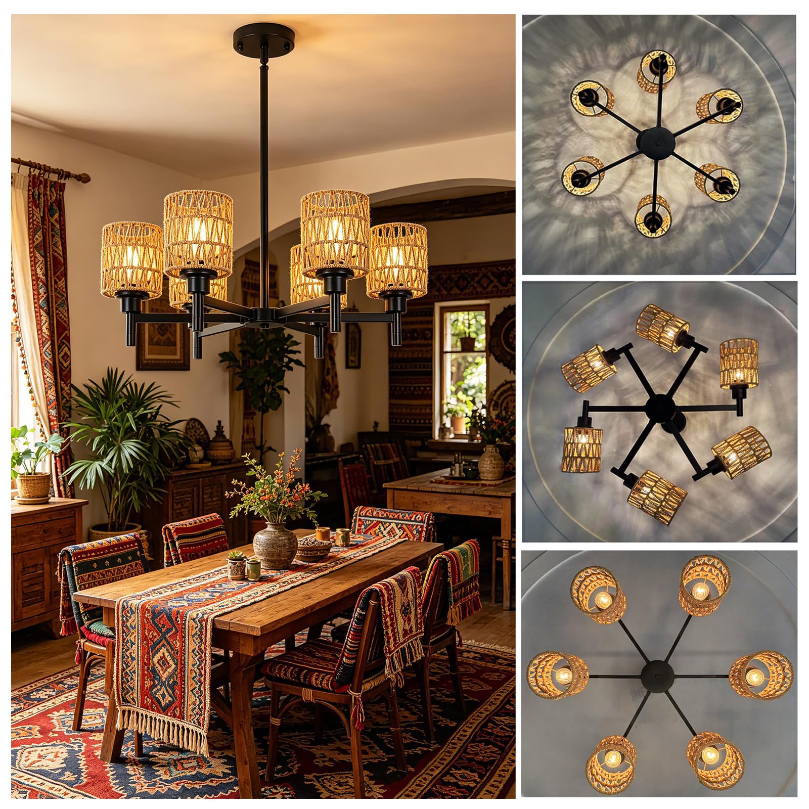 Lampara Araña Techo Negro Vintage 6 Luces, Ratán Boho Luz Colgante para Isla de Cocina Altura Regulable Pantalla de Tejida a Mano E27 Rústica Retro Iluminación de Techo para Comedor Salón Dormitorio