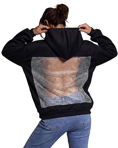 Women Oversized Hoodie Sexy Glitter Mesh Pullover Long Sleeve Backless