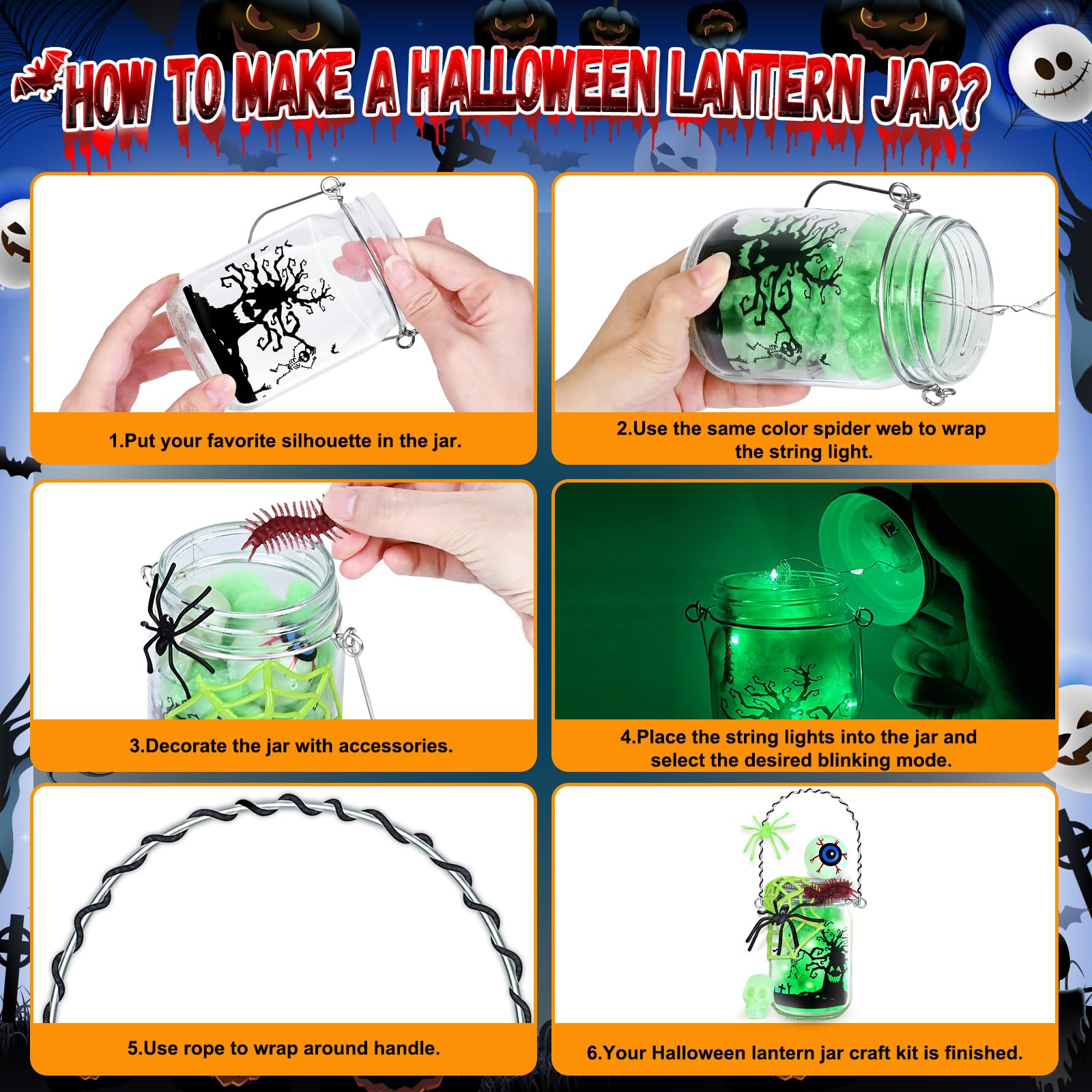SpringFlower Halloween Mason Jar Craft Kit - DIY Lantern Making With Glow In Dark Toys