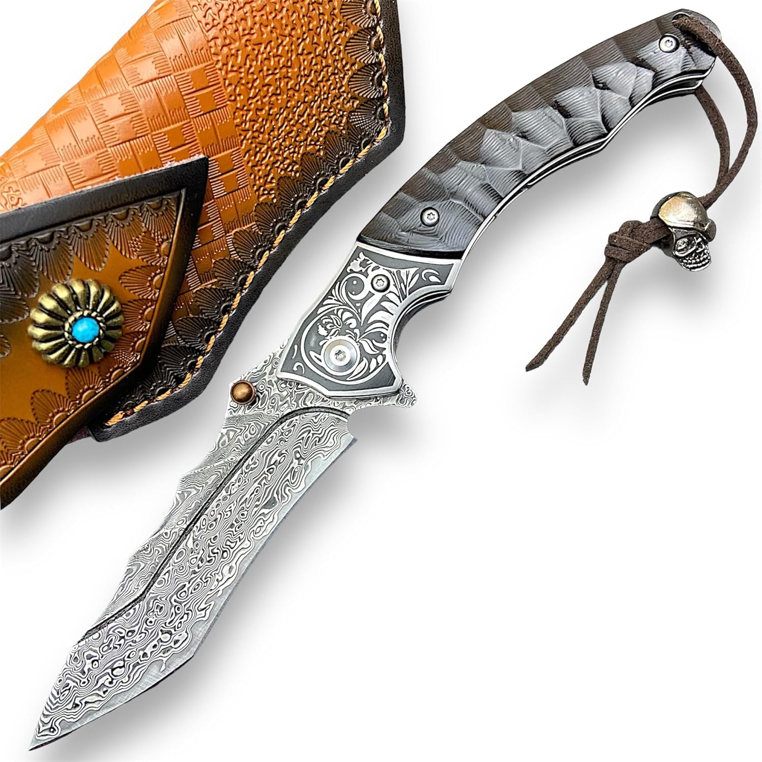 TACTICAL GEARZ Damascus Steel Pocket Knife, Ebony/Steel Handle, Includes Custom Leather Sheath (DXT79)