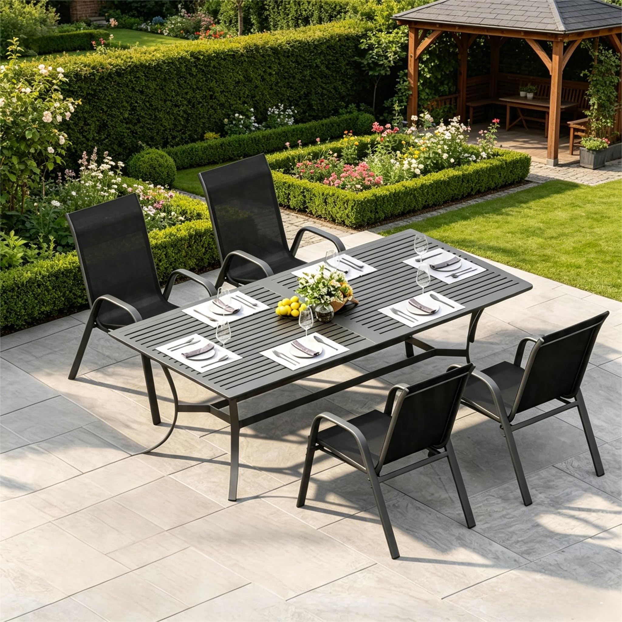 4er Set Stapelbare Gartenstühle, Komfortable Outdoor Hochlehner Aus Metall Mit Atmungsaktivem Textilene, Wetterfest, Rostbeständig, Mit Polsterung Ideal Für Terrasse, Balkon & Garten, Schwarz