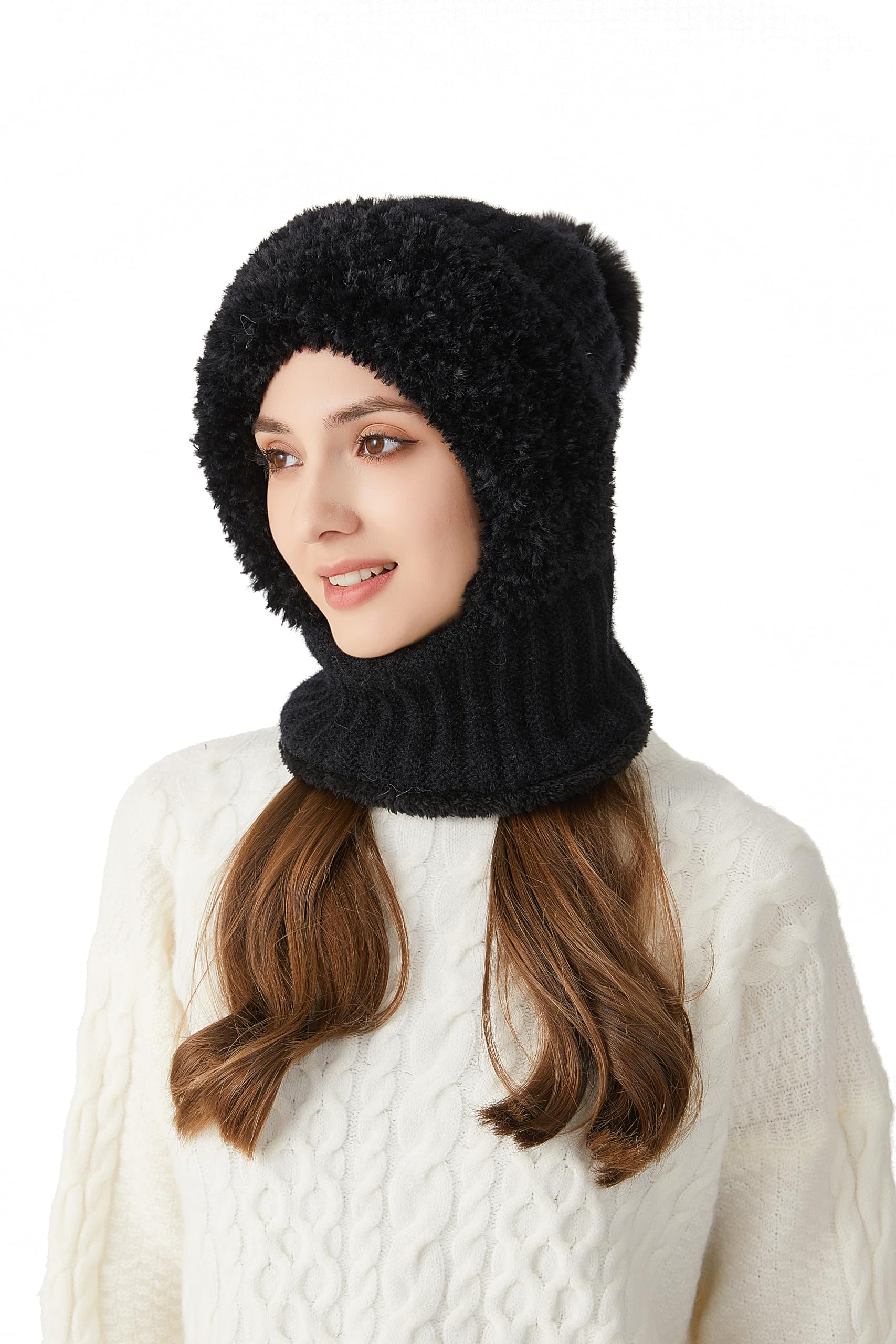 Gorro con pompón for mujer, bufanda, forro polar cálido de invierno, capucha y resistente al viento