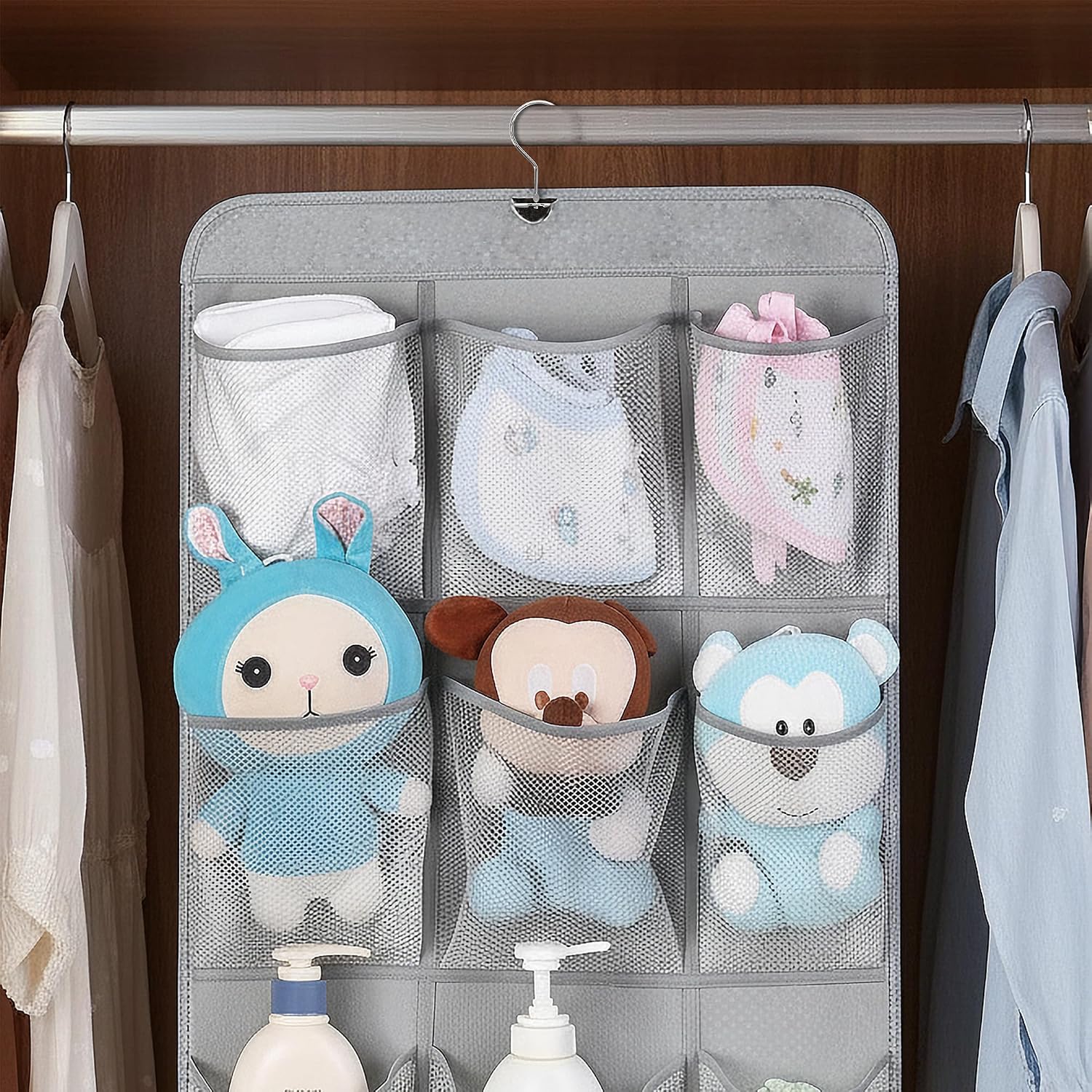 Hanging Shoe Organizer For Closet Rod with 30 Large Pockets Dual Sided 360 Rotating Hanger Space Saving Storage Bag Rack Shelves for Bedroom Laundry Room, Grey