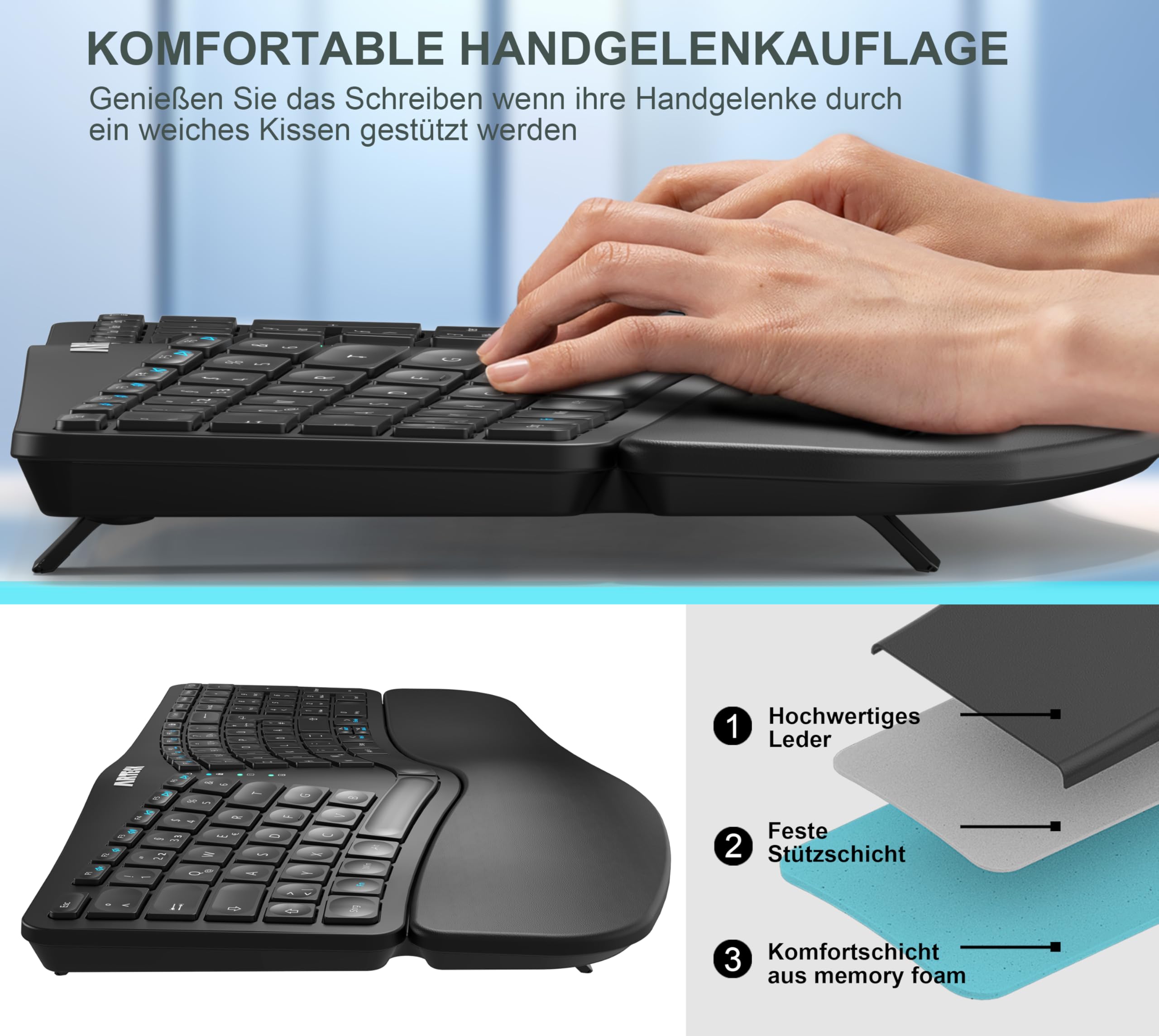 Arteck ergonomisches Split Tastatur mit gepolsterter Handgelenkauflage, 2.4G USB Kabellose Komfortables Split Keyboard mit natürlicher Ergonomie, für Windowscomputer und Laptops