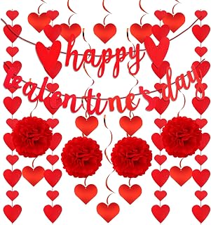 Semato 21 Pcs Valentines Day Decorations Set Pre-Assembled Hanging Heart Swirls With Banner, Garland for Valentines Wedding Engagement Anniversary Party