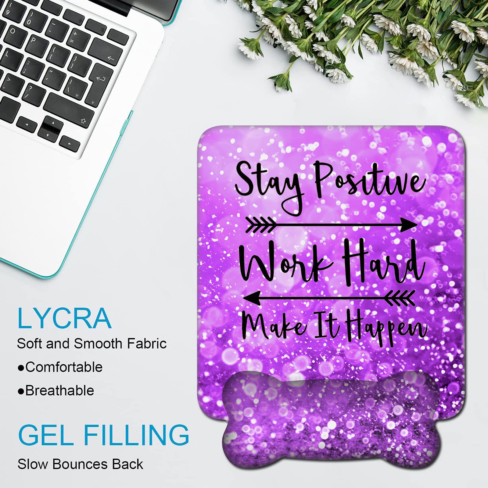 Mouse Pad Wrist Support and Keyboard Wrist Rest Set, Ergonomic Gel and Memory Foam Wrist Rest, for Computer Laptop, Wireless Mousepad Easy Typing, Stay Positive Work Hard Glitter Purple Mousepad
