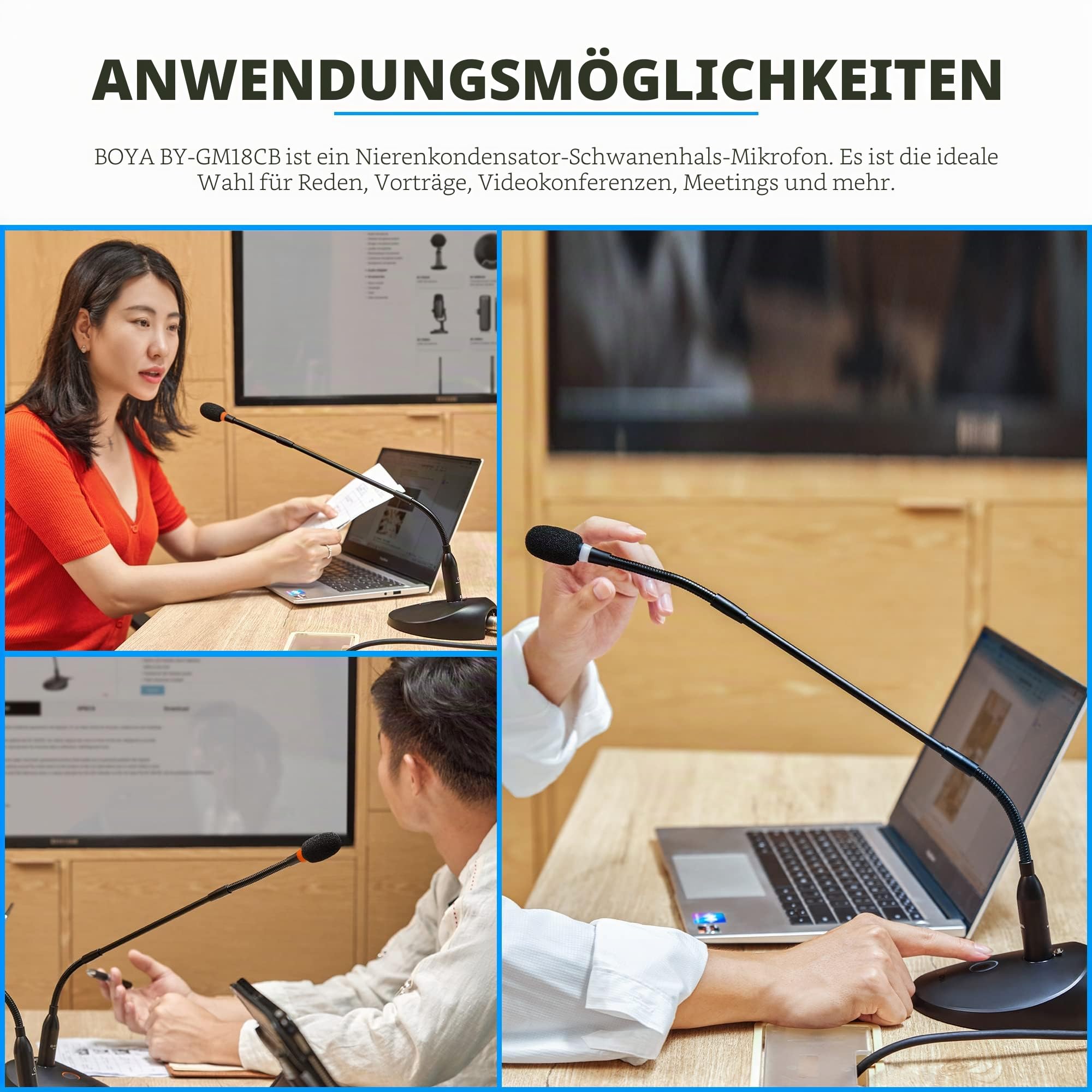 BOYA 18" Schwanenhals-Kondensatormikrofon mit Tischfuß, LED-Anzeige - Podiumsmikrofon für Konferenz Meeting Video Live Streaming Vortrag Rede Podcast (XLR BY-GM18CB)