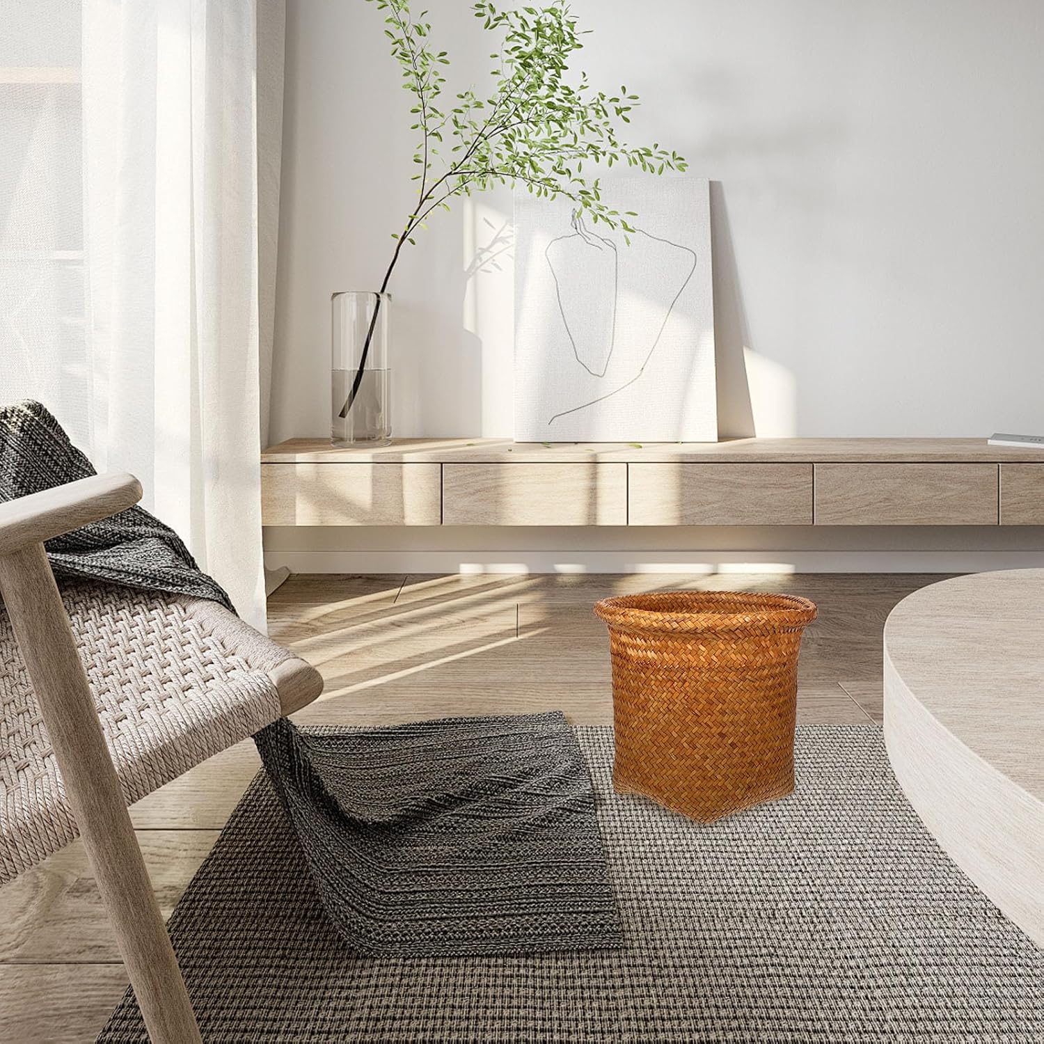 Woven Rattan Trash Can Medium Handmade Storage Basket Decorative Sundries Holder for Bathroom Bedroom Office Organization