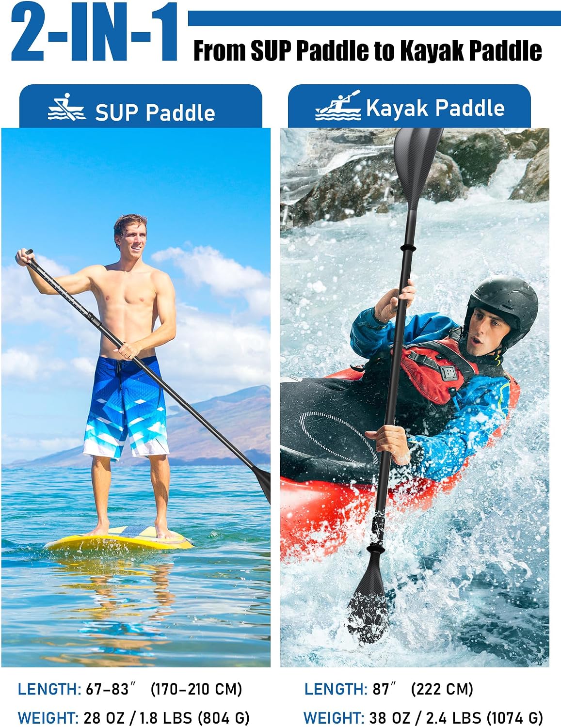 4 Piece SUP Paddle Kayak Telescoping Stand-up Paddleboard Paddles, Adjustable Lightweight Aluminium Shaft 67"- 83"