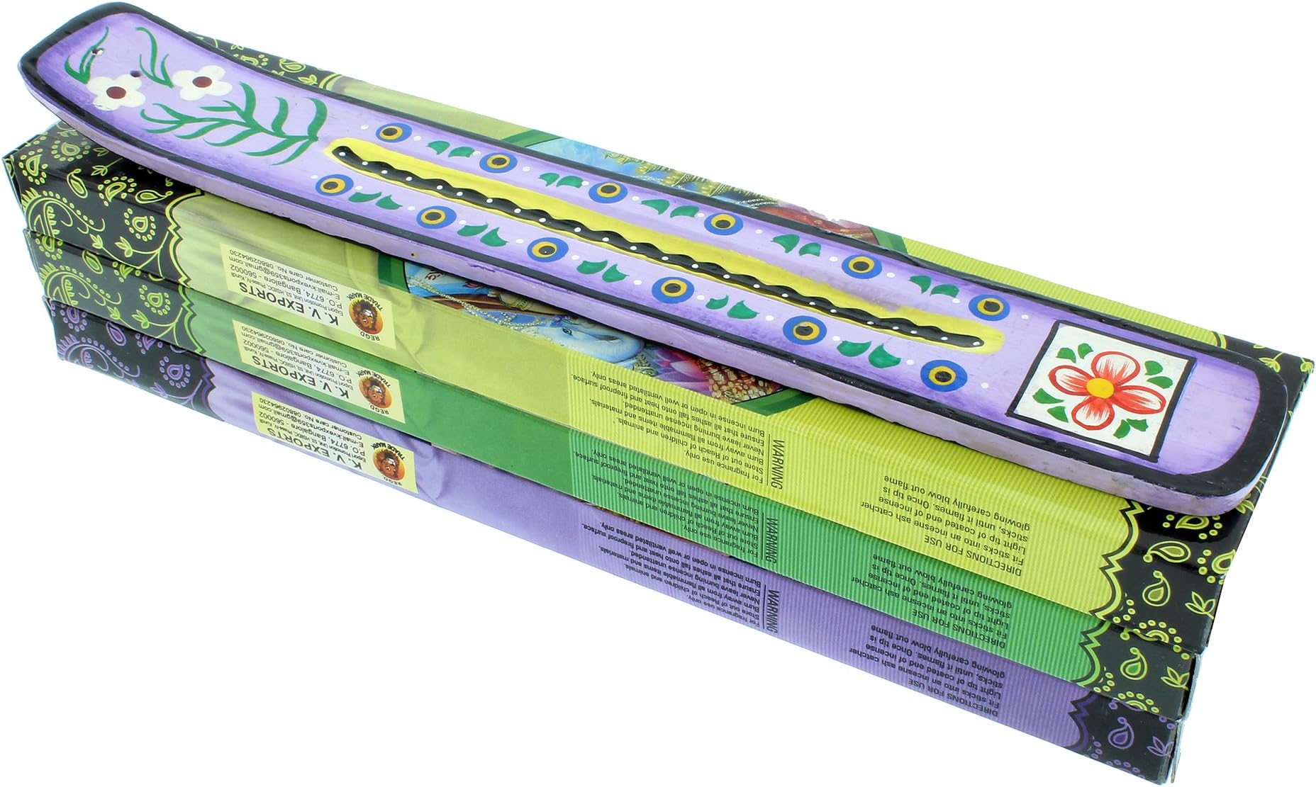 Zen Mood Incense Gift Pack - 3 Boxes of Assorted Indian God Incense and 1 Hand Painted Incense Holder with Flower Design - Purple
