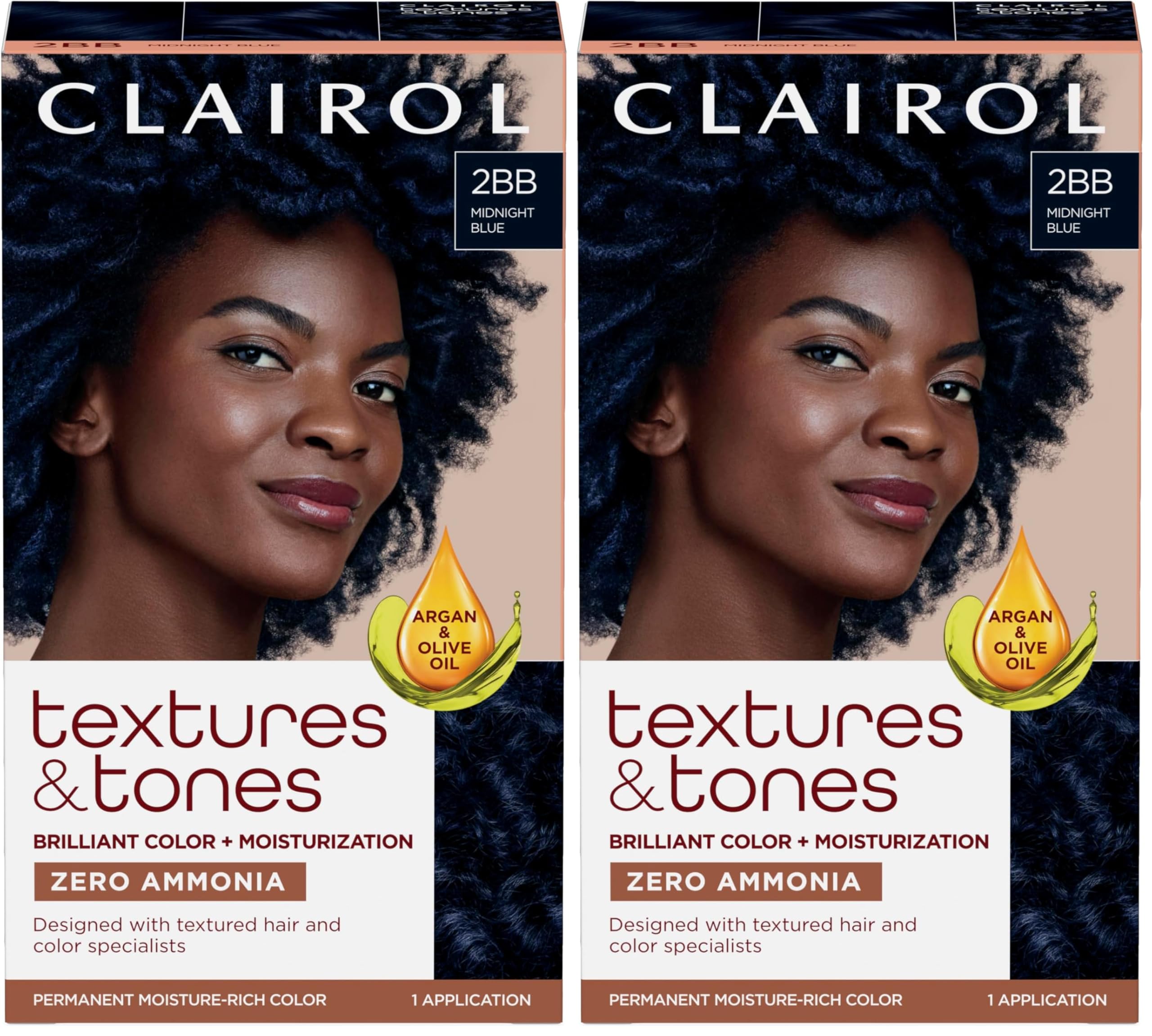 Clairol Textures & Tones Permanent Hair Dye, 2BB Midnight Blue Hair Color, Pack of 2