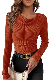 Women's Long Sleeve Cowl Neck Ribbed Knit Spring Shirts Slim Fit Ruched Going Out Crop Tops Basic T-Shirts