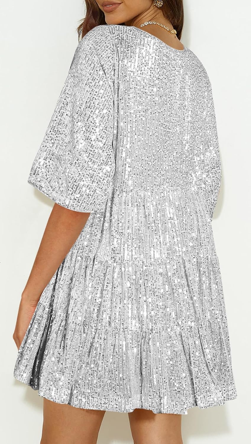 Womens Summer Babydoll Sequin Dress Sparkly Glitter Short Flowy Tiered Shift Dress for Cocktail Party Club