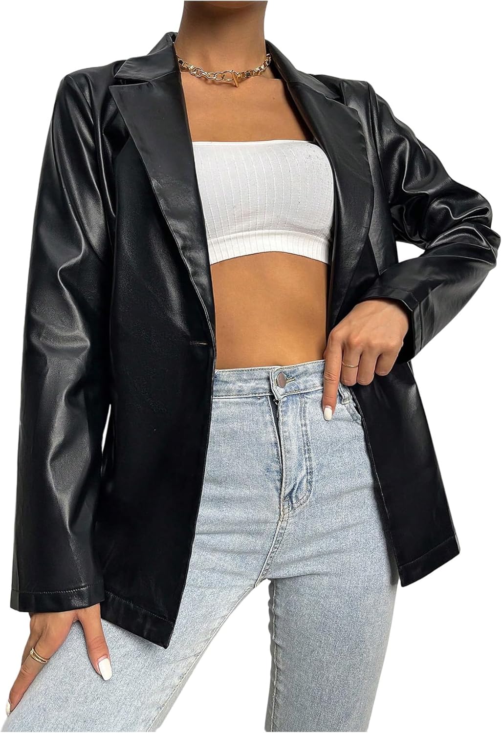 GORGLITTER Women's Faux Leather Jacket Blazer Dressy Oversized Motocycle Button Down Casual Jackets Winter Outerwear