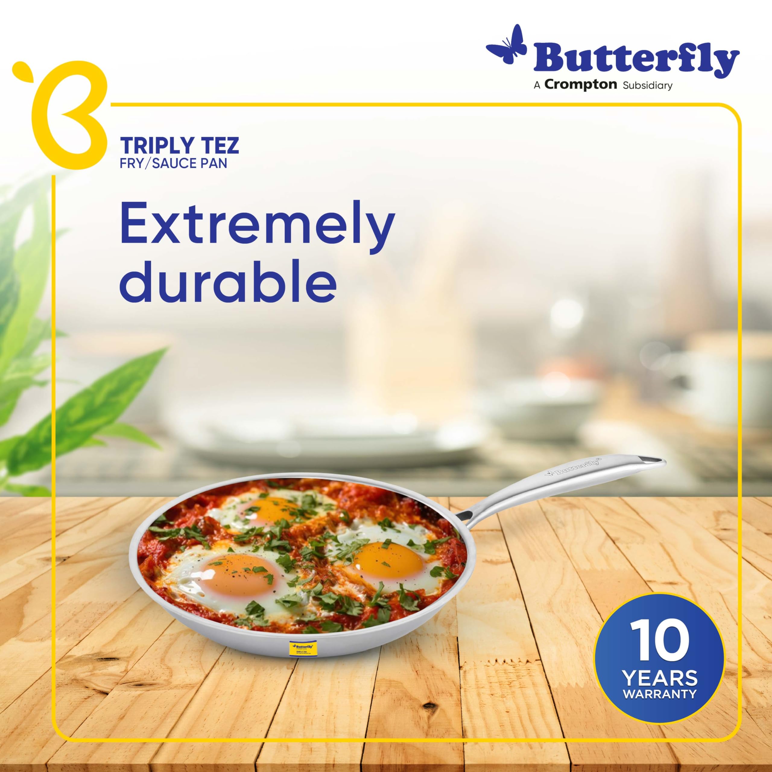 Butterfly Tez Triply Fry/Saute Pan with Glass Lid | 26 cm | 2 Litre | Even Heat Distribution & Faster Cooking | Stay Cool Handle | for Curry, Deep Fry, Saute/Roast | 10 Year Warranty | Silver 3