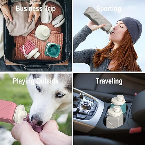 Miniatura 8 de Botellas de agua plegables de 20.6 onzas, paquete de 2 botellas de agua plegables de silicona, portátil, sin BPA, reutilizables, a prueba de fugas,