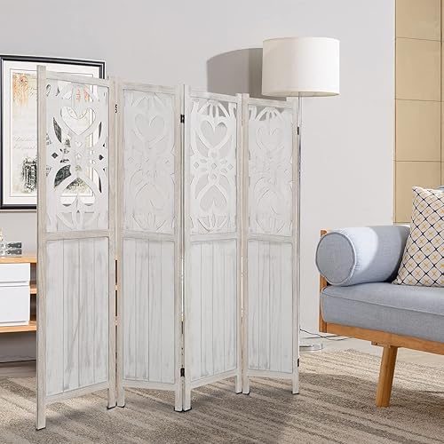 Miniatura 7 de ECOMEX Divisor de habitación tallado de 4 paneles de 5.6 pies, separadores de habitación de madera, pantallas plegables, separadores de habitación