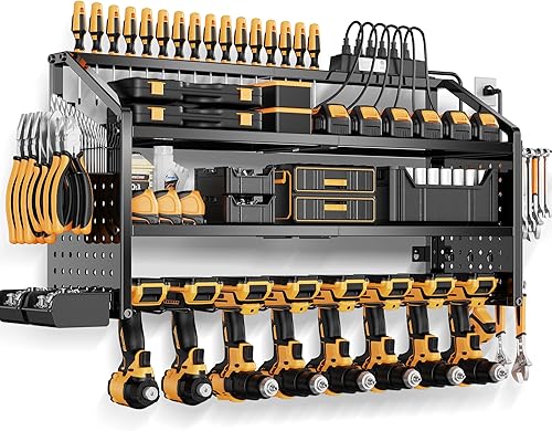 LBT Organizador grande de herramientas eléctricas con estación de carga, soporte para 8 taladros, estante de almacenamiento de herramientas de metal