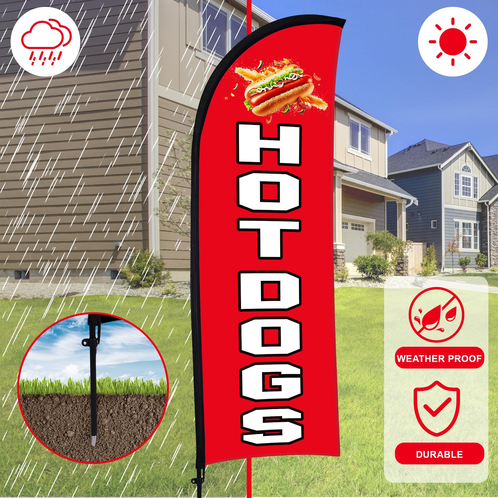 Buryeah 2 Sets Hot Dogs Federflaggen-Set, 2,1 x 1,6 m, Hot Dogs Swooper Flaggenmast Kit mit Stange, Erdspieß und tragbarer Tasche, Hot Dog-Schild für Restaurant, Werbung, Geschäft, Außenboden