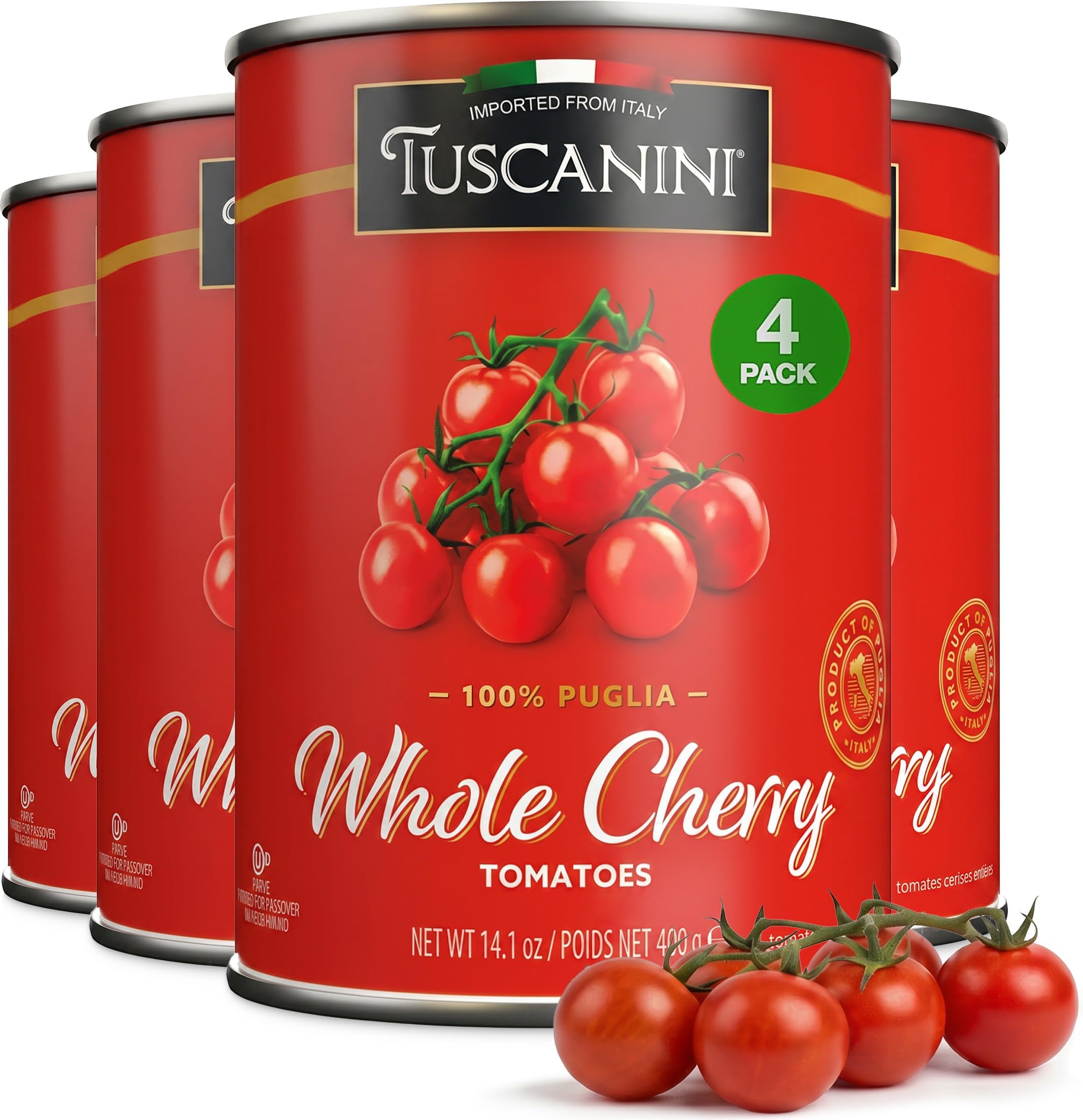 Whole Cherry Tomatoes 14.1oz (4 Pack) | Imported From Italy, Delicious Taste & Texture, BPA Free Lined Can, Kosher for Passover