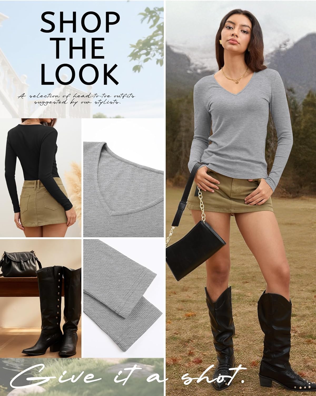 Ficerd 3 Pack Women's Long Sleeve T Shirts Cotton V Neck Slim Fit Tops Ribbed Knit Layering Casual Basic Tees Fall - Image 6